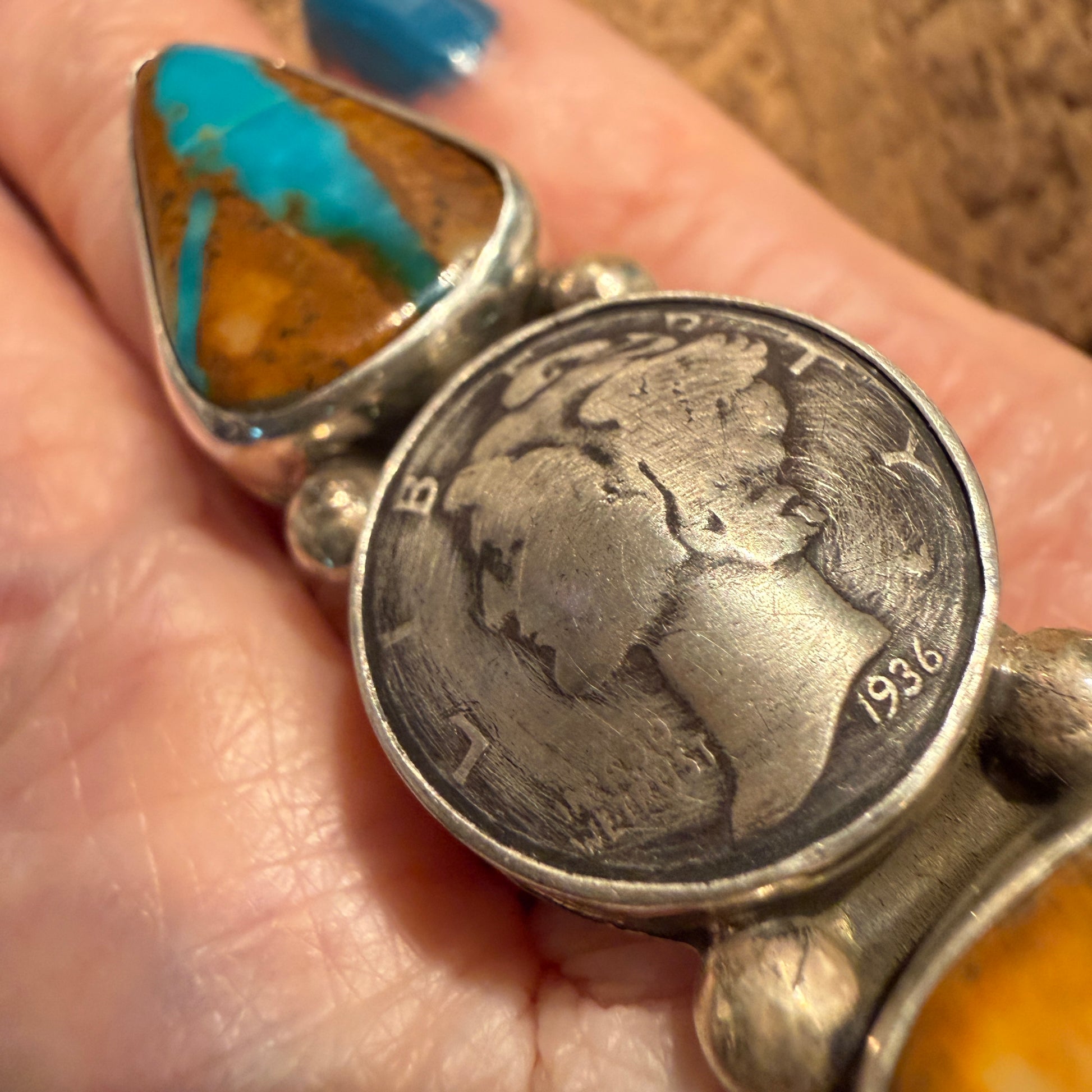 Native Handmade K Henry Royston Ribbon Turquoise 1936 Coin Ring Adjustable Wild West Boho