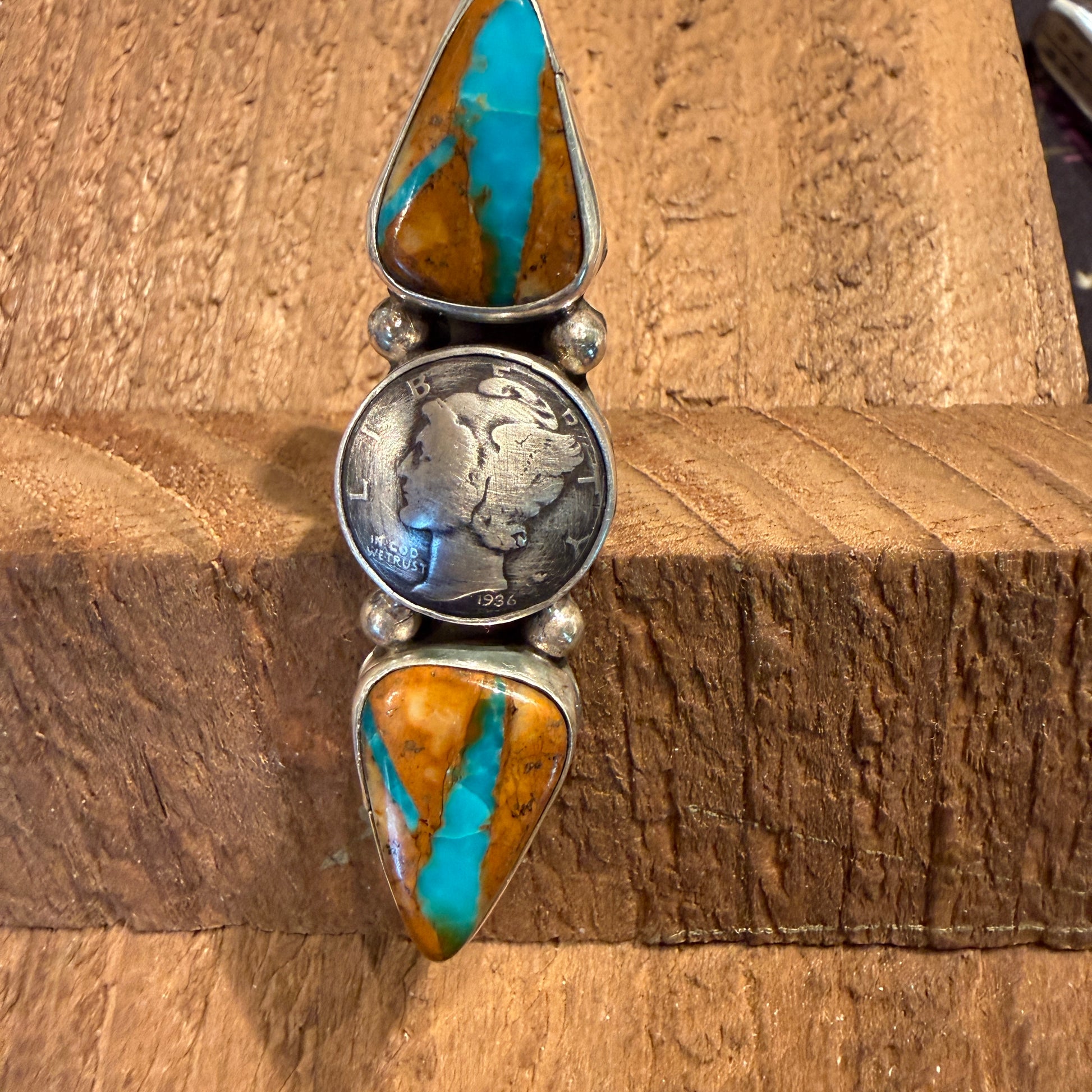 Native Handmade K Henry Royston Ribbon Turquoise 1936 Coin Ring Adjustable Wild West Boho
