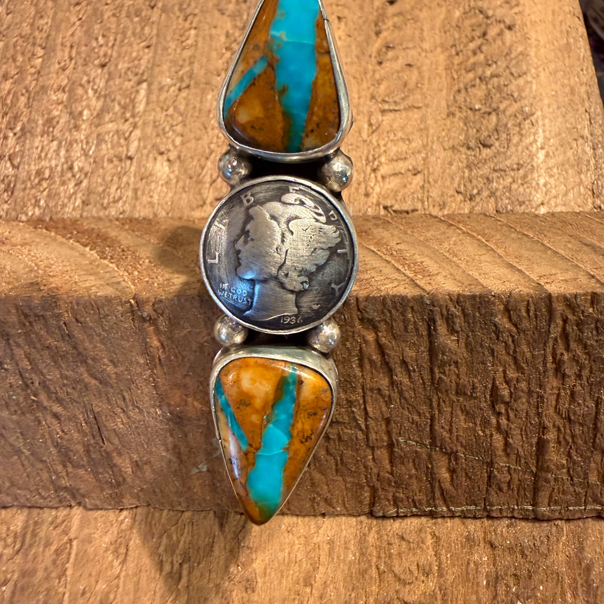 Native Handmade K Henry Royston Ribbon Turquoise 1936 Coin Ring Adjustable Wild West Boho