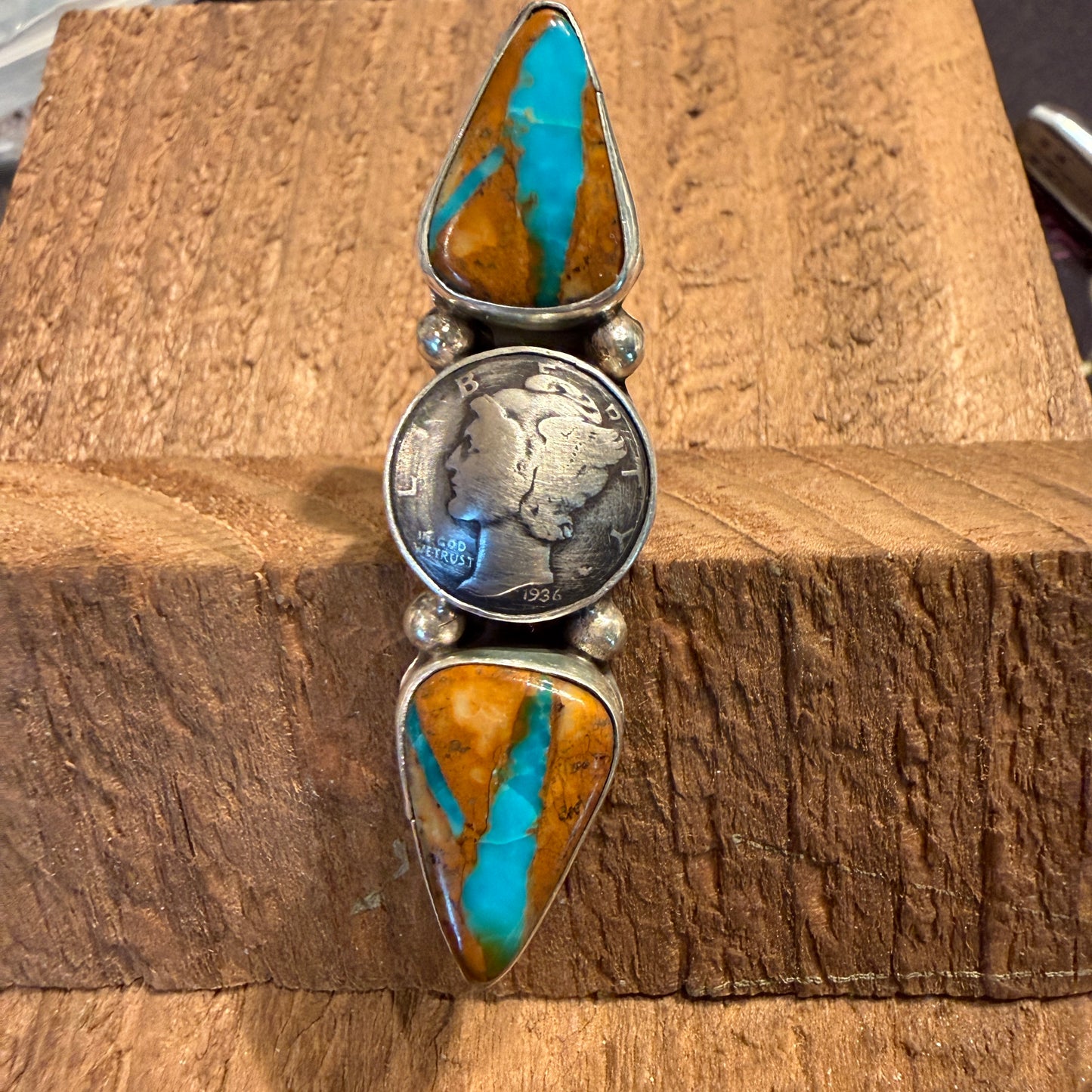 Native Handmade K Henry Royston Ribbon Turquoise 1936 Coin Ring Adjustable Wild West Boho