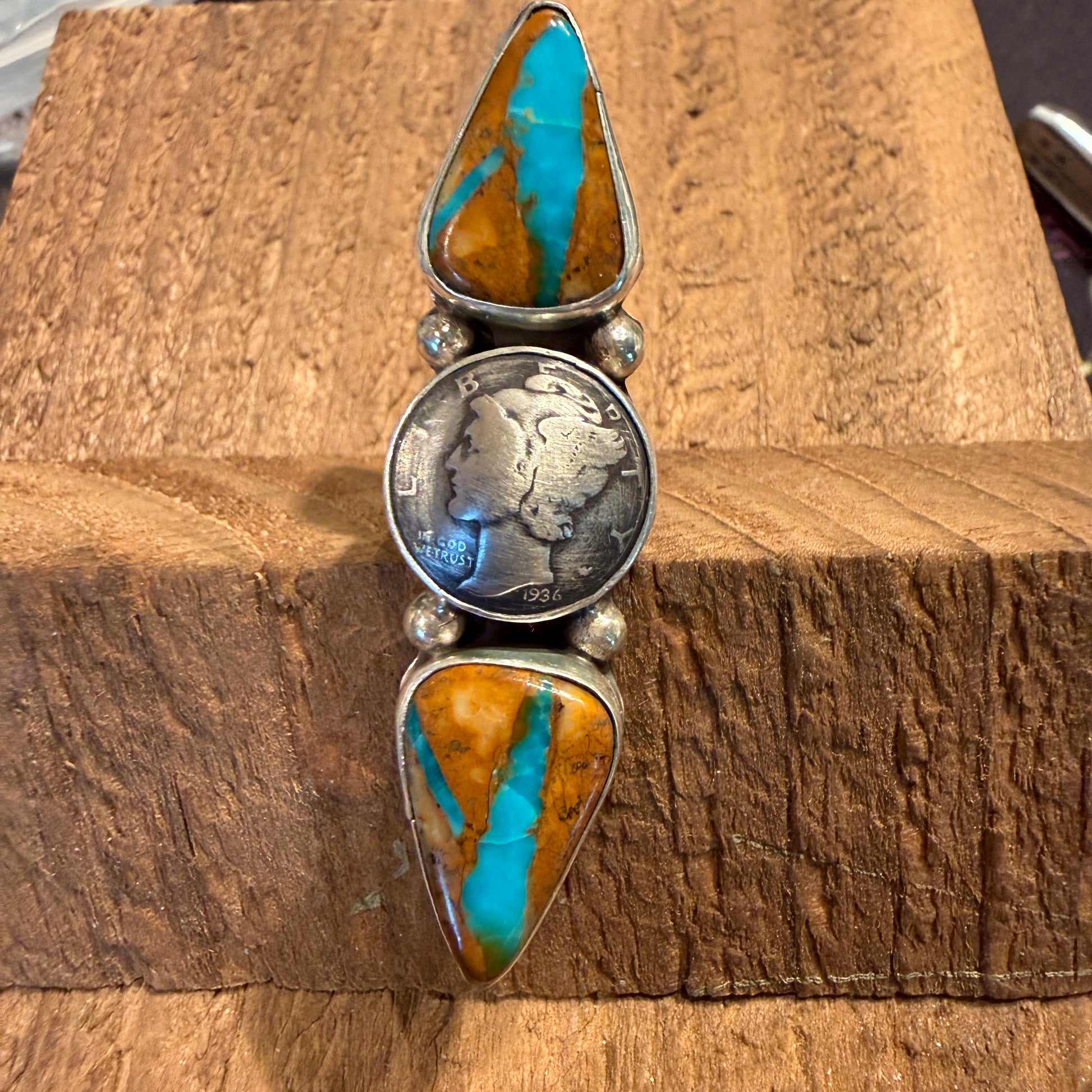 Native Handmade K Henry Royston Ribbon Turquoise 1936 Coin Ring Adjustable Wild West Boho