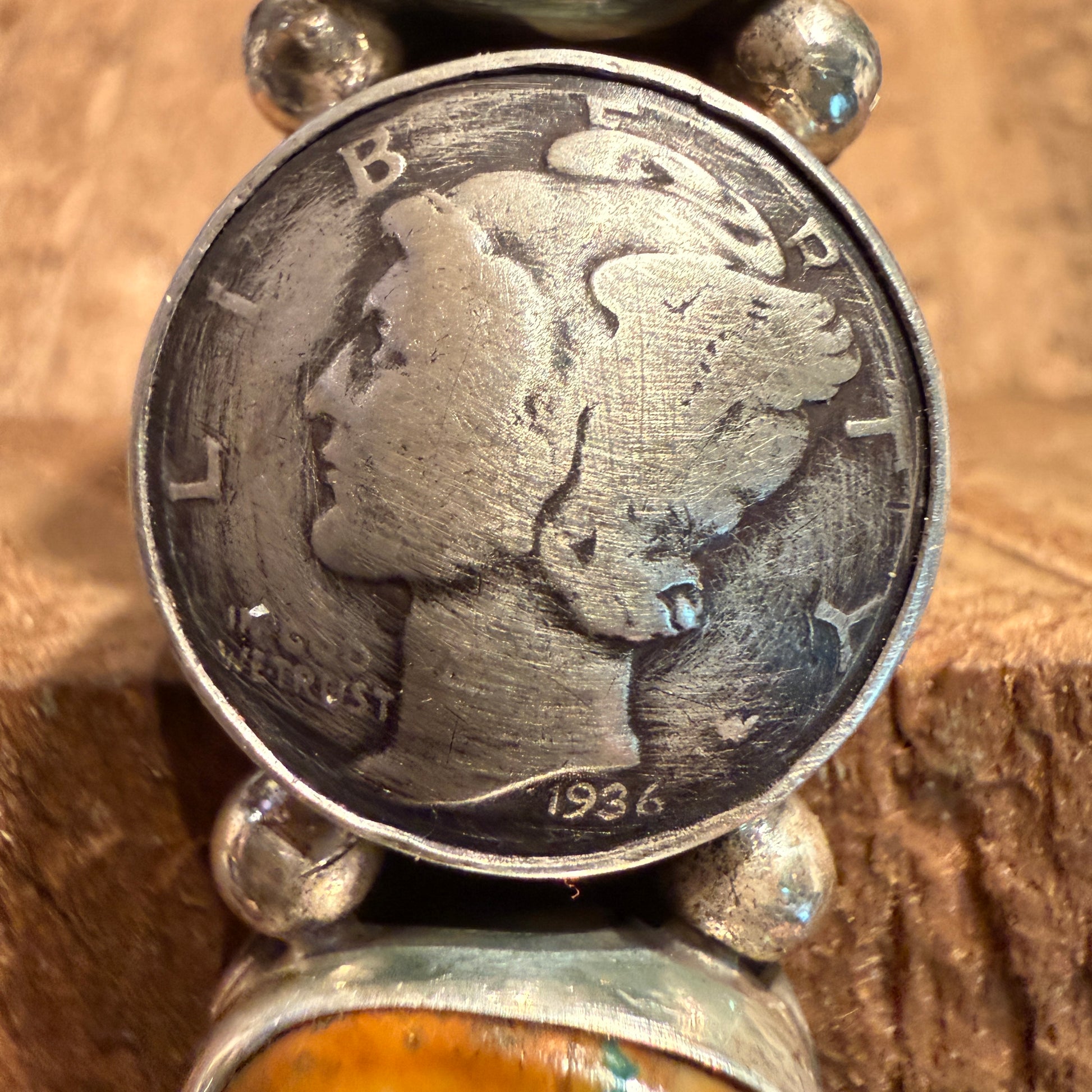 Native Handmade K Henry Royston Ribbon Turquoise 1936 Coin Ring Adjustable Wild West Boho