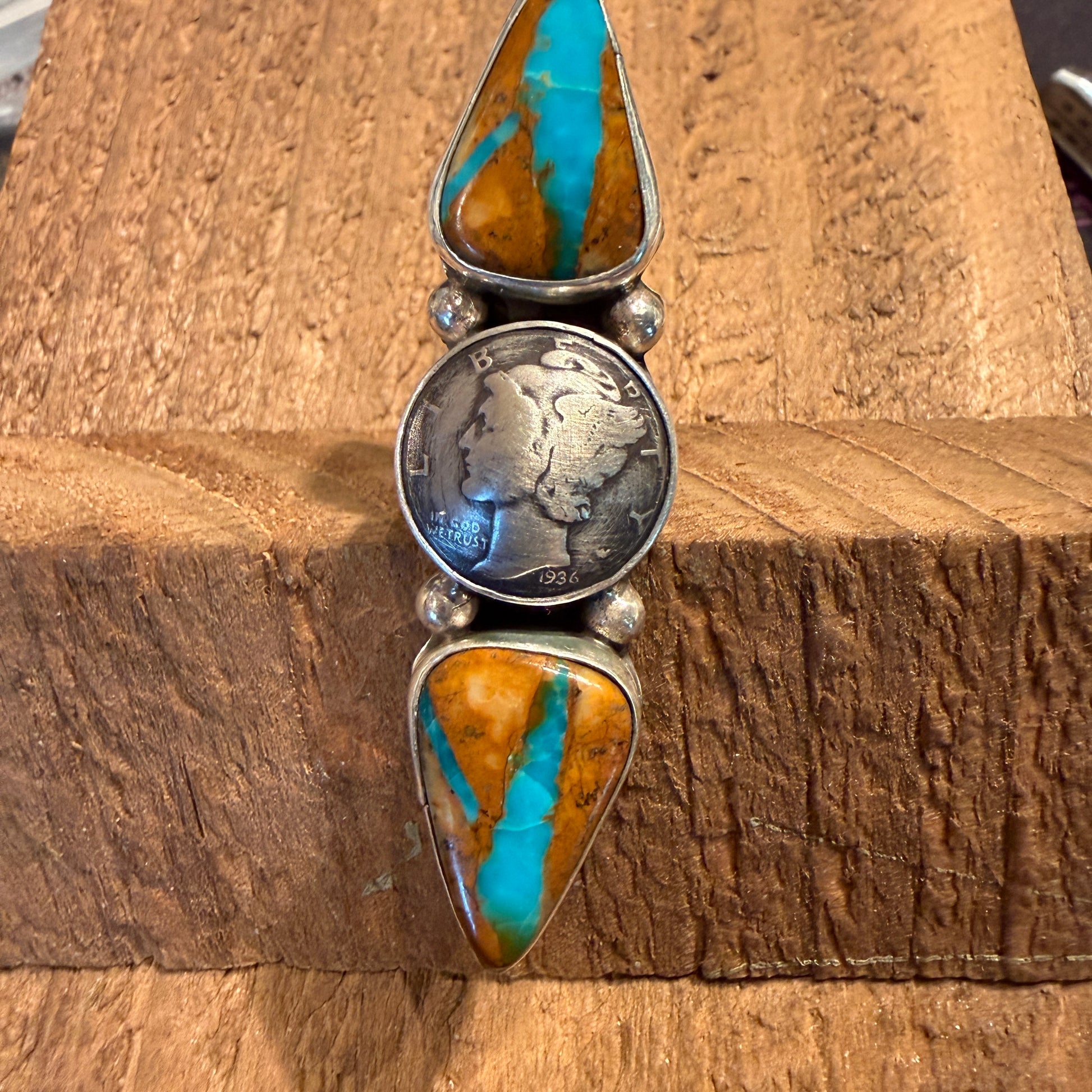 Native Handmade K Henry Royston Ribbon Turquoise 1936 Coin Ring Adjustable Wild West Boho