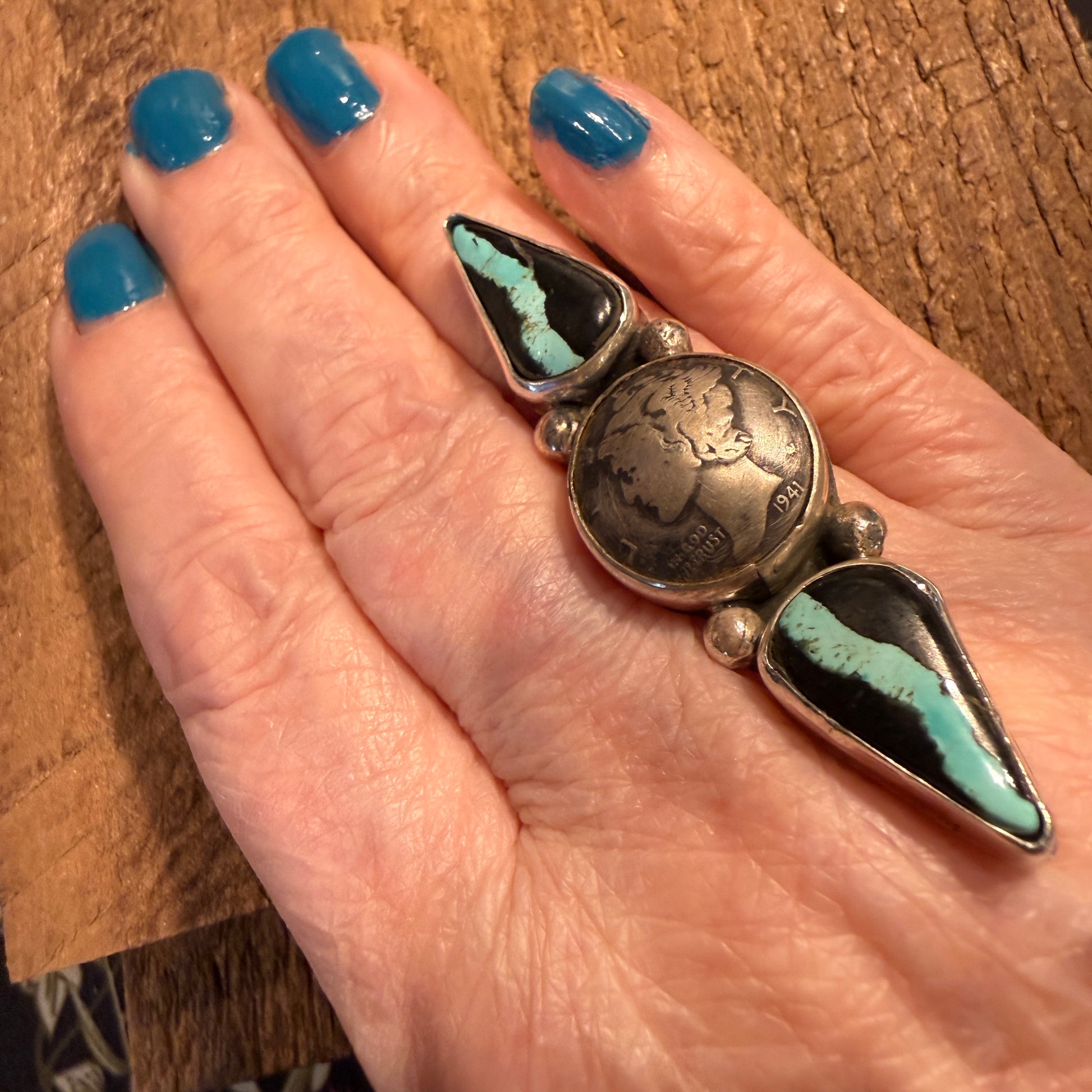 Native Handmade K. Henry Blackjack Turquoise 1941 Coin Ring Adjustable Sterling Silver Wild West Boho