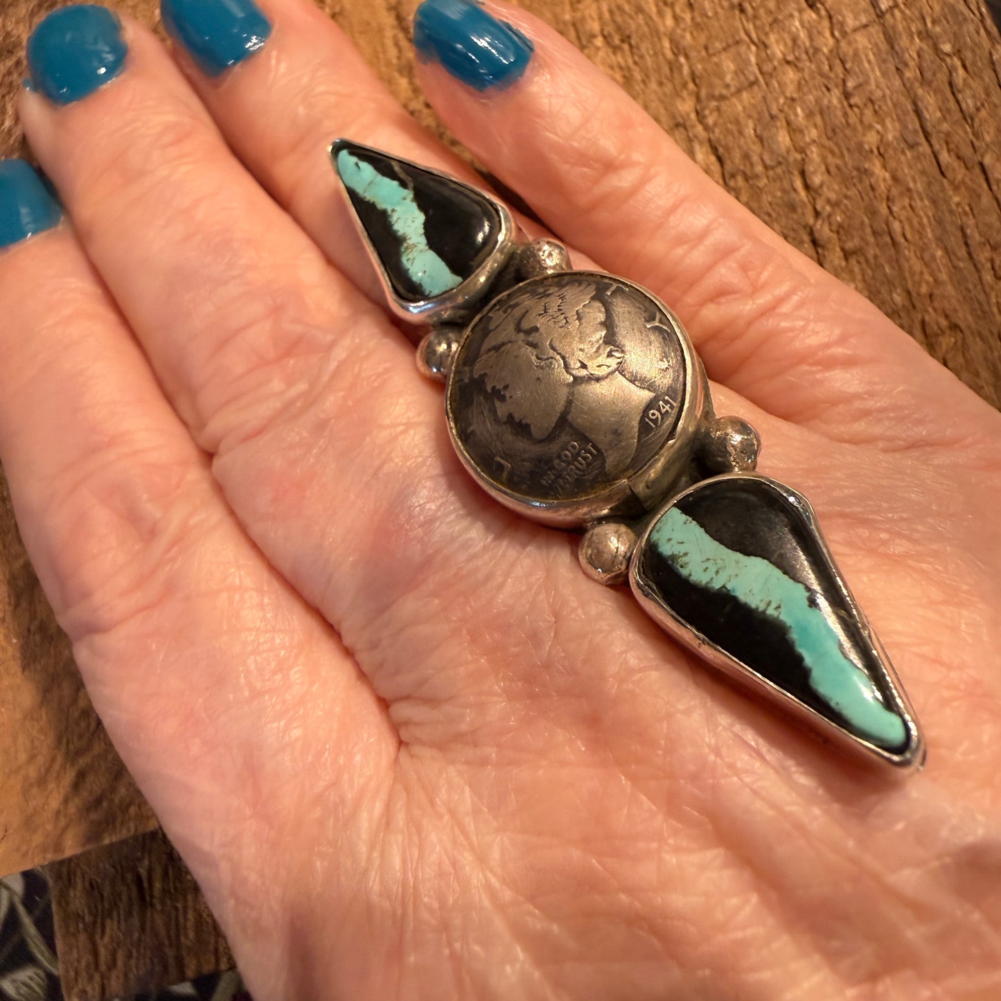 Native Handmade K. Henry Blackjack Turquoise 1941 Coin Ring Adjustable Sterling Silver Wild West Boho
