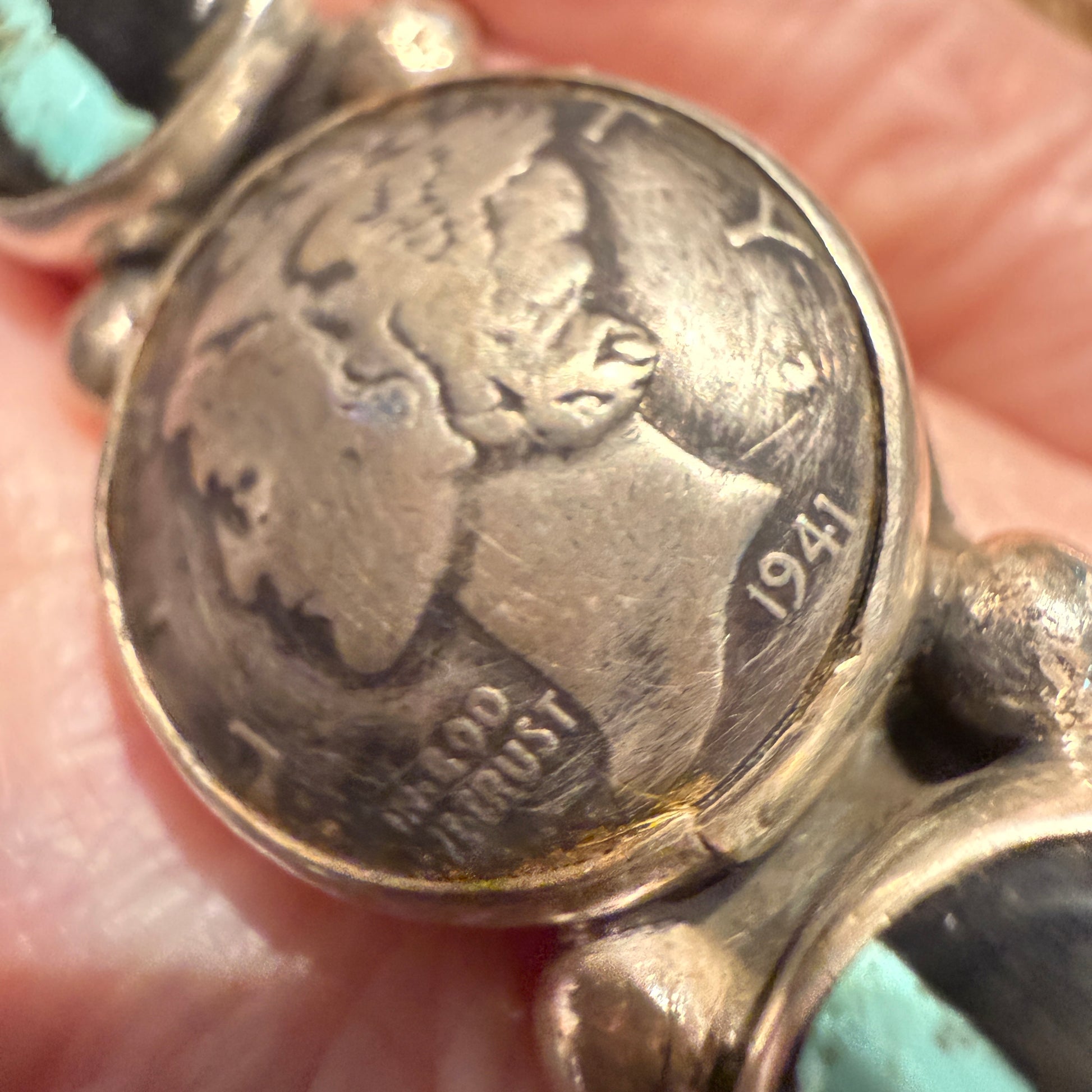 Native Handmade K. Henry Blackjack Turquoise 1941 Coin Ring Adjustable Sterling Silver Wild West Boho