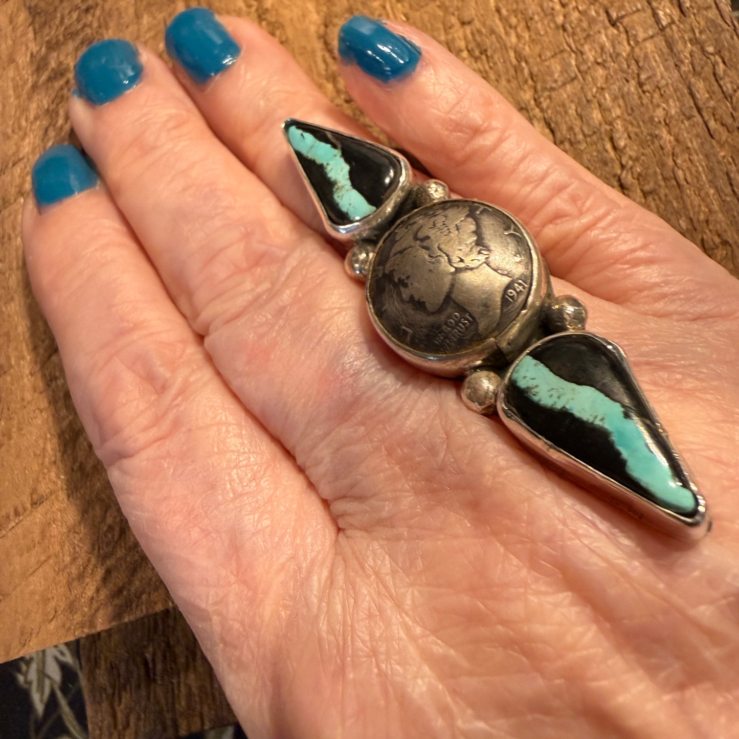 Native Handmade K. Henry Blackjack Turquoise 1941 Coin Ring Adjustable Sterling Silver Wild West Boho