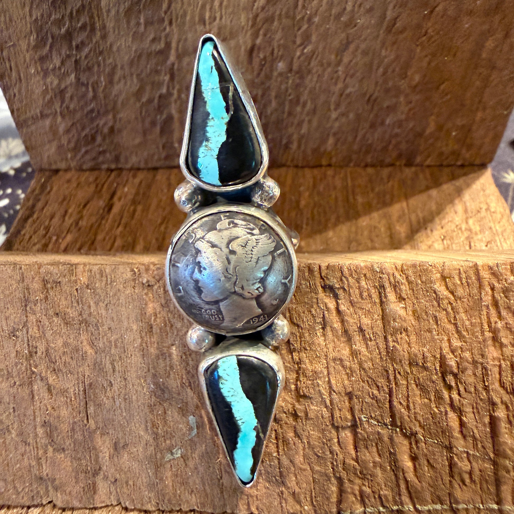 Native Handmade K. Henry Blackjack Turquoise 1941 Coin Ring Adjustable Sterling Silver Wild West Boho