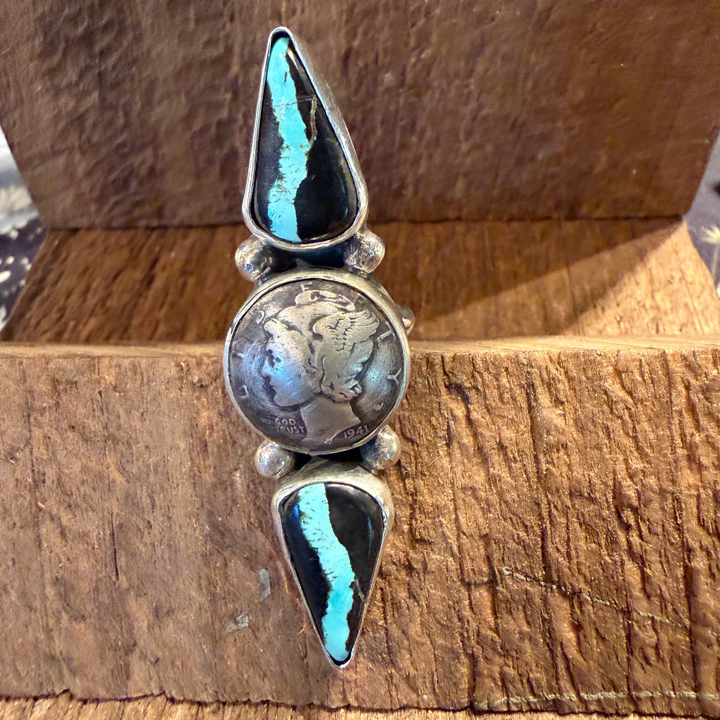 Native Handmade K. Henry Blackjack Turquoise 1941 Coin Ring Adjustable Sterling Silver Wild West Boho