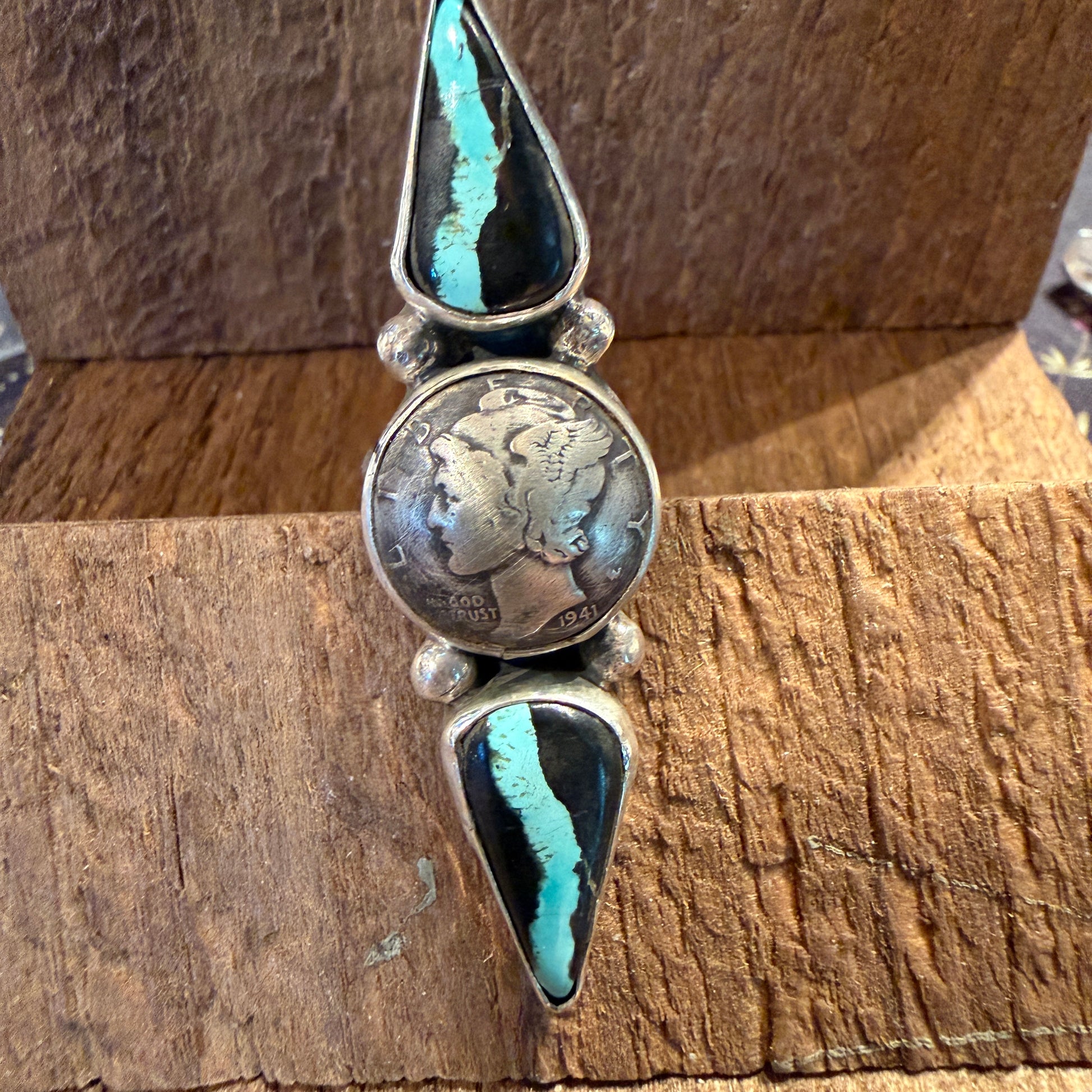 Native Handmade K. Henry Blackjack Turquoise 1941 Coin Ring Adjustable Sterling Silver Wild West Boho