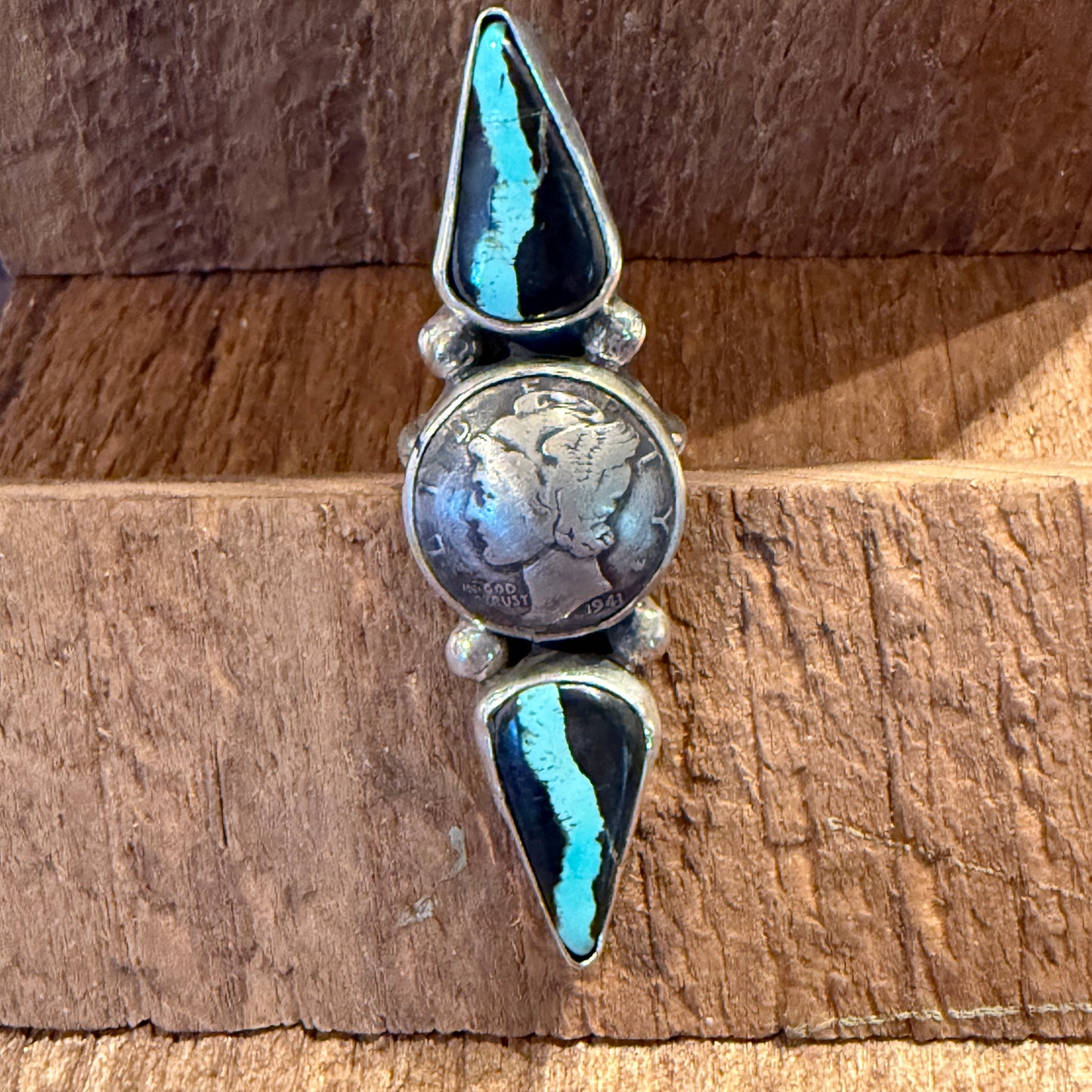 Native Handmade K. Henry Blackjack Turquoise 1941 Coin Ring Adjustable Sterling Silver Wild West Boho