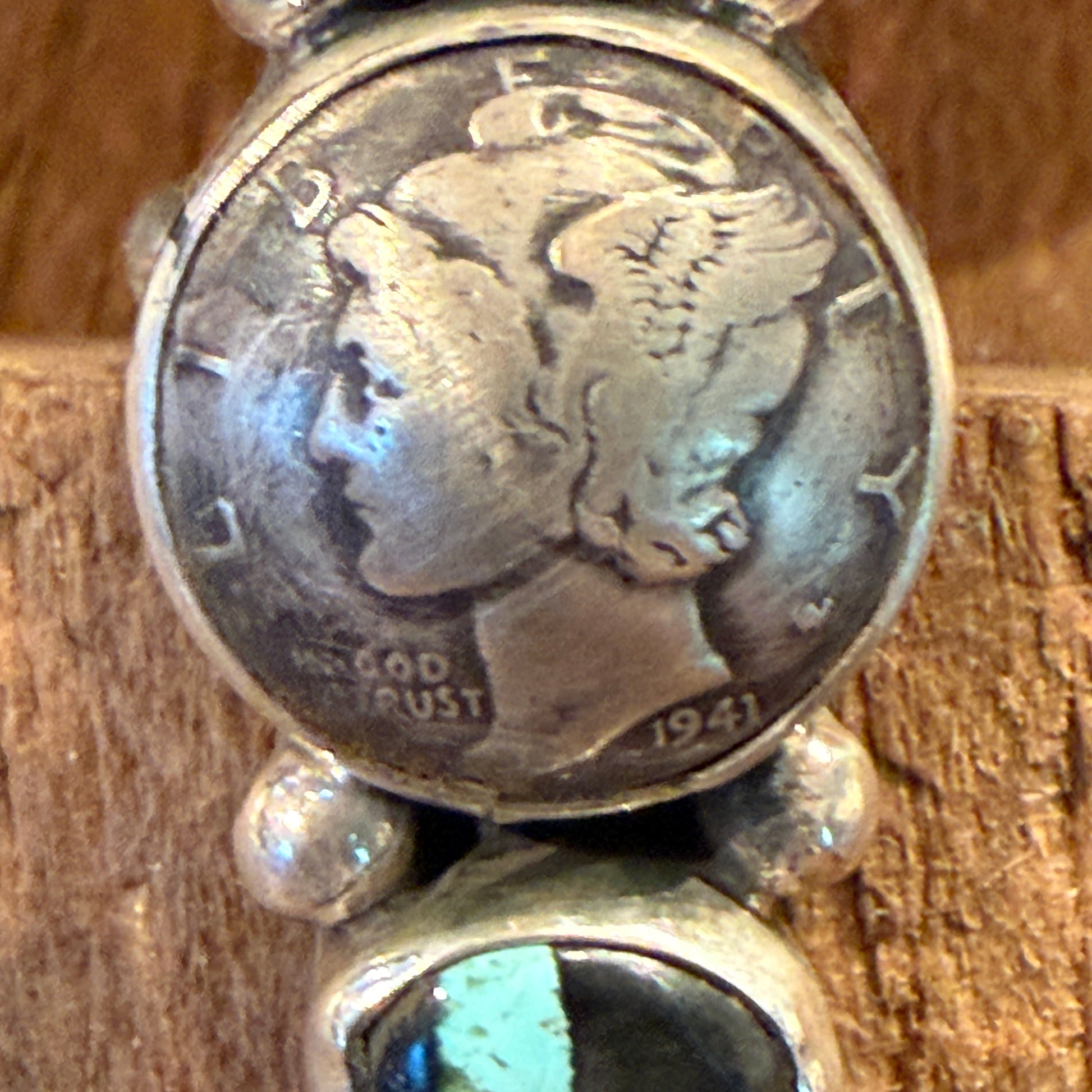 Native Handmade K. Henry Blackjack Turquoise 1941 Coin Ring Adjustable Sterling Silver Wild West Boho