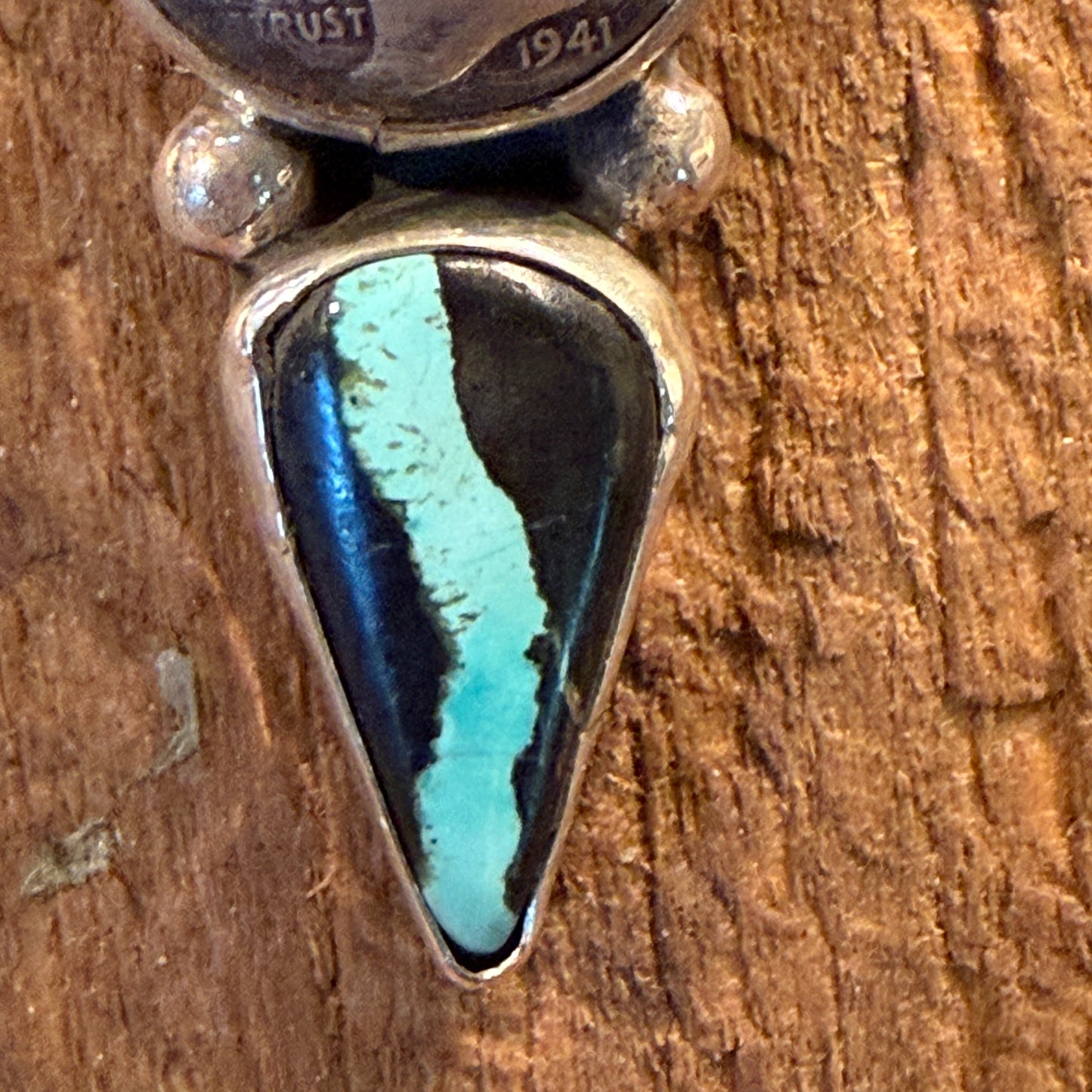 Native Handmade K. Henry Blackjack Turquoise 1941 Coin Ring Adjustable Sterling Silver Wild West Boho