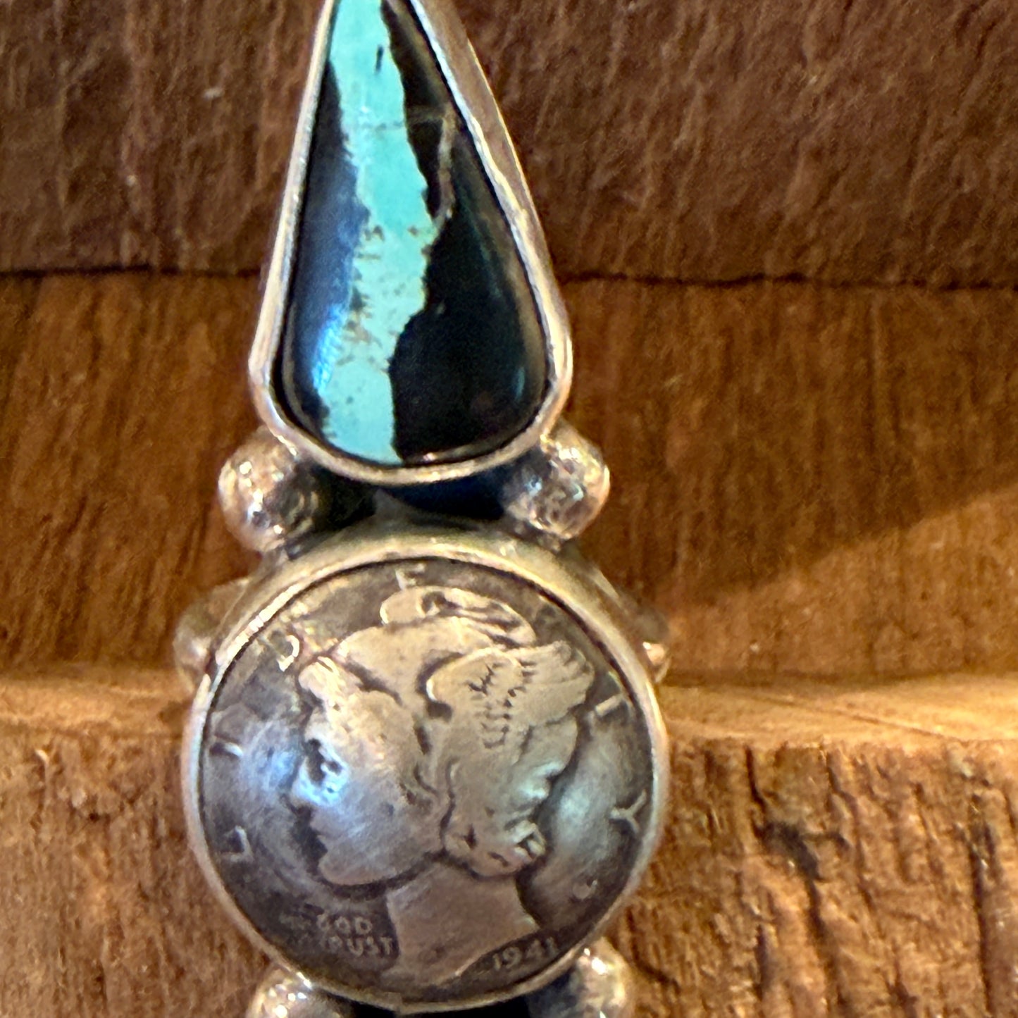 Native Handmade K. Henry Blackjack Turquoise 1941 Coin Ring Adjustable Sterling Silver Wild West Boho