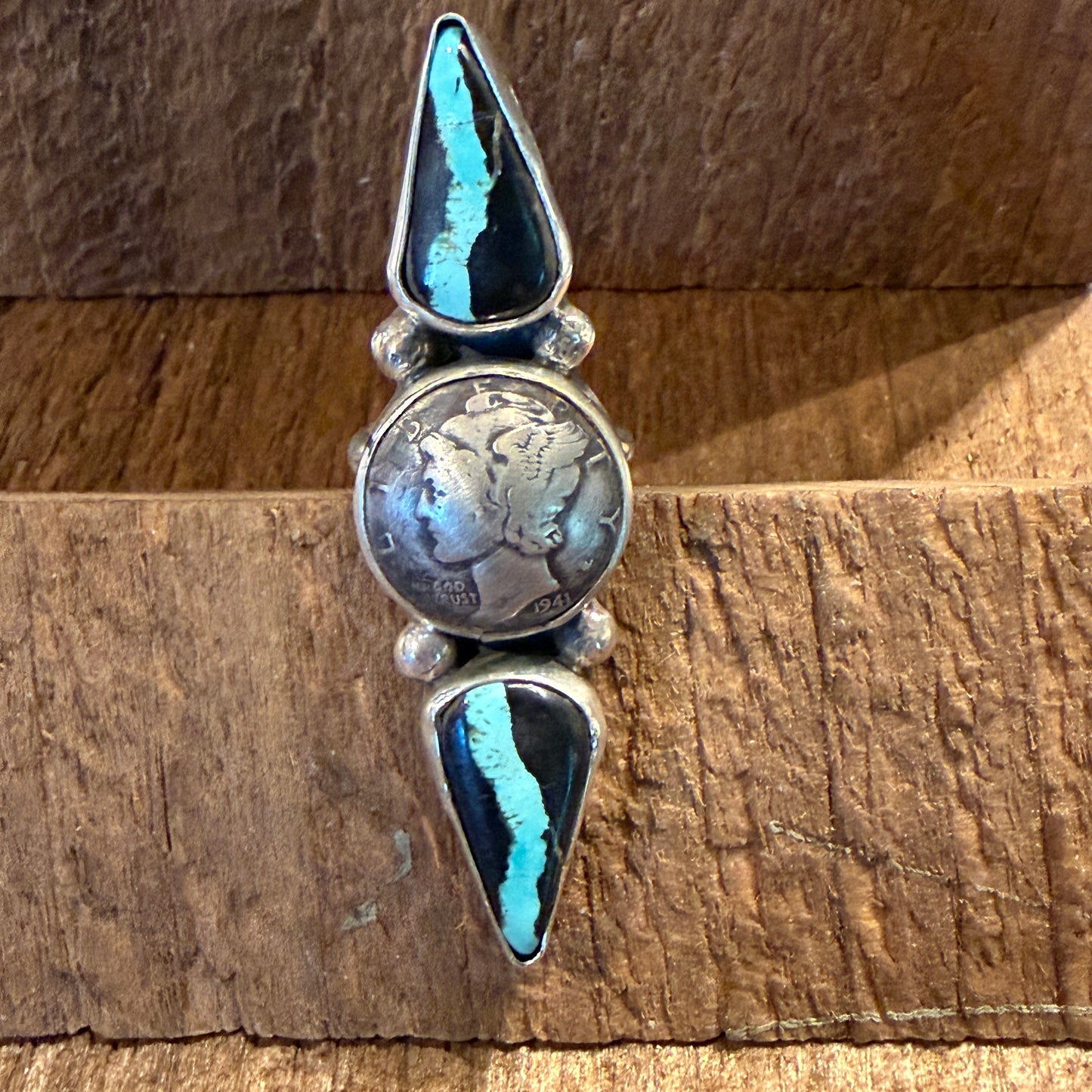Native Handmade K. Henry Blackjack Turquoise 1941 Coin Ring Adjustable Sterling Silver Wild West Boho