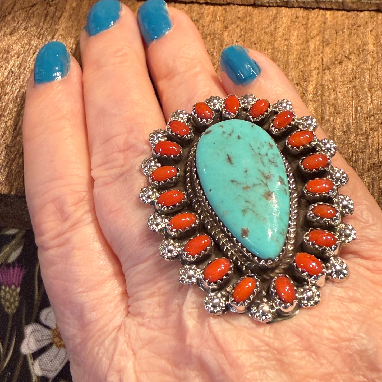 Native Handmade Darlene Begay Kingman Turquoise and Coral Adjustable Ring Sterling Silver Wild West Boho