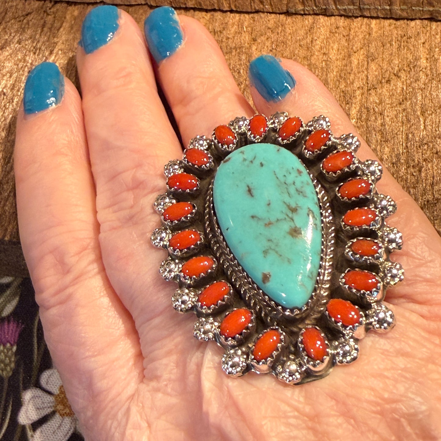 Native Handmade Darlene Begay Kingman Turquoise and Coral Adjustable Ring Sterling Silver Wild West Boho