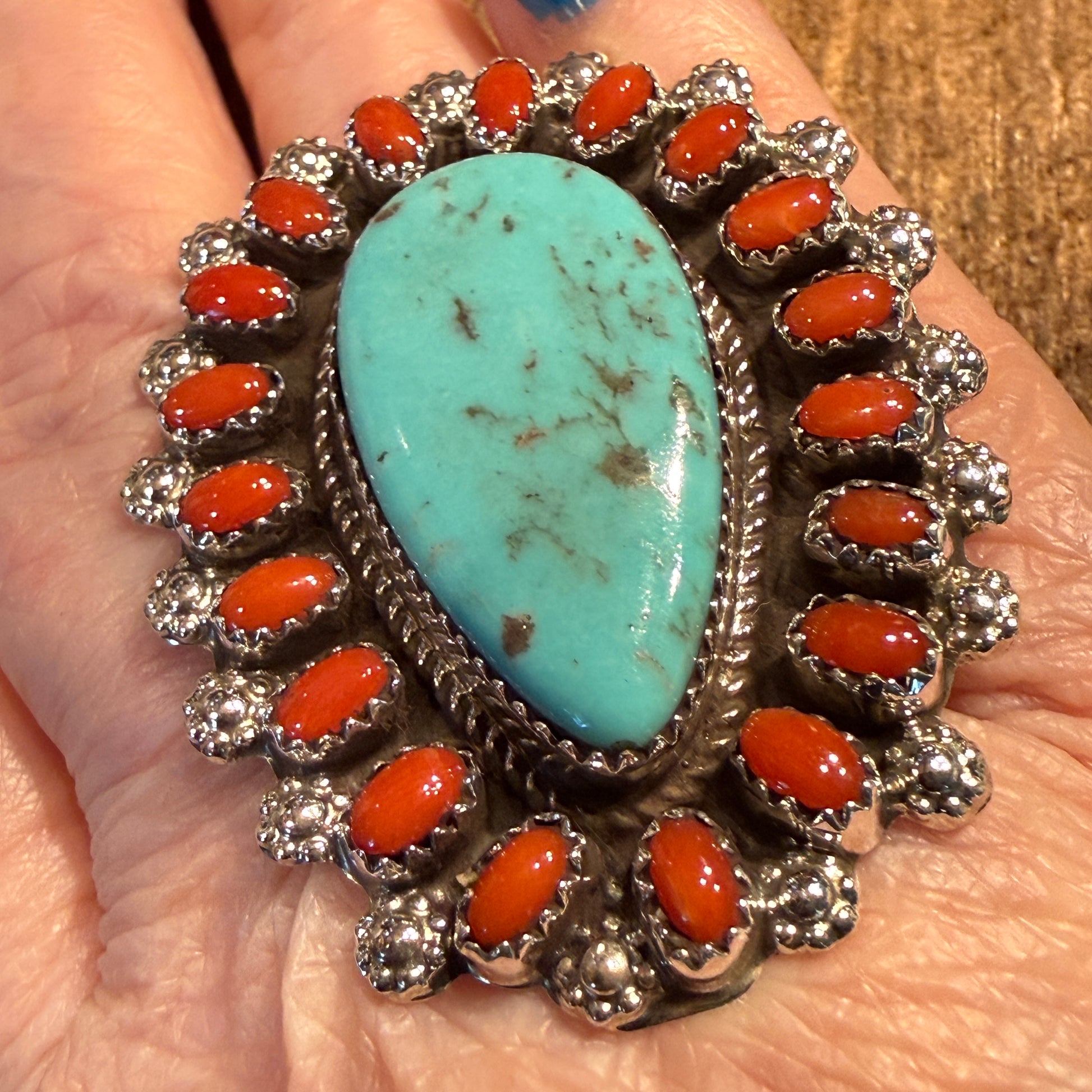 Native Handmade Darlene Begay Kingman Turquoise and Coral Adjustable Ring Sterling Silver Wild West Boho