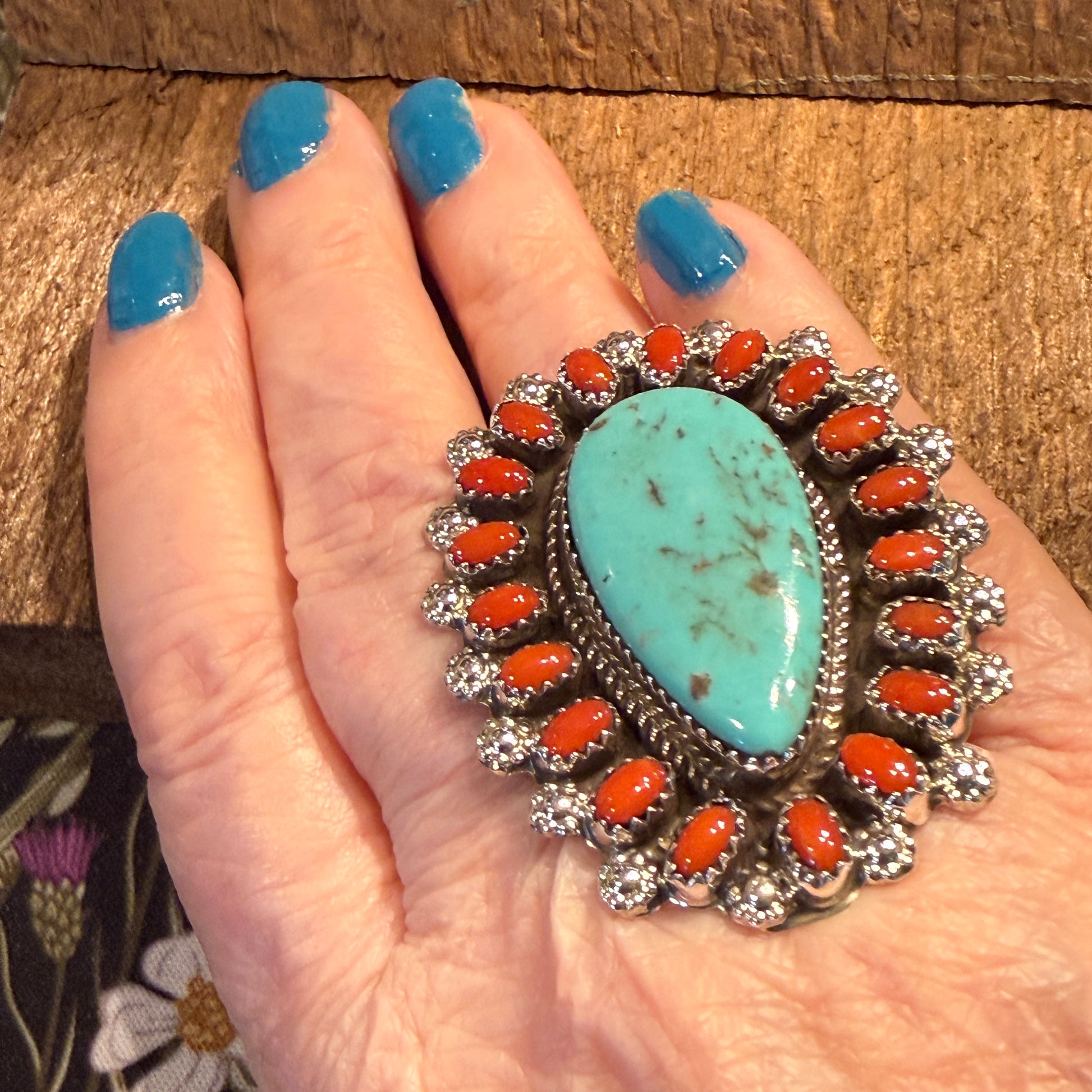 Native Handmade Darlene Begay Kingman Turquoise and Coral Adjustable Ring Sterling Silver Wild West Boho