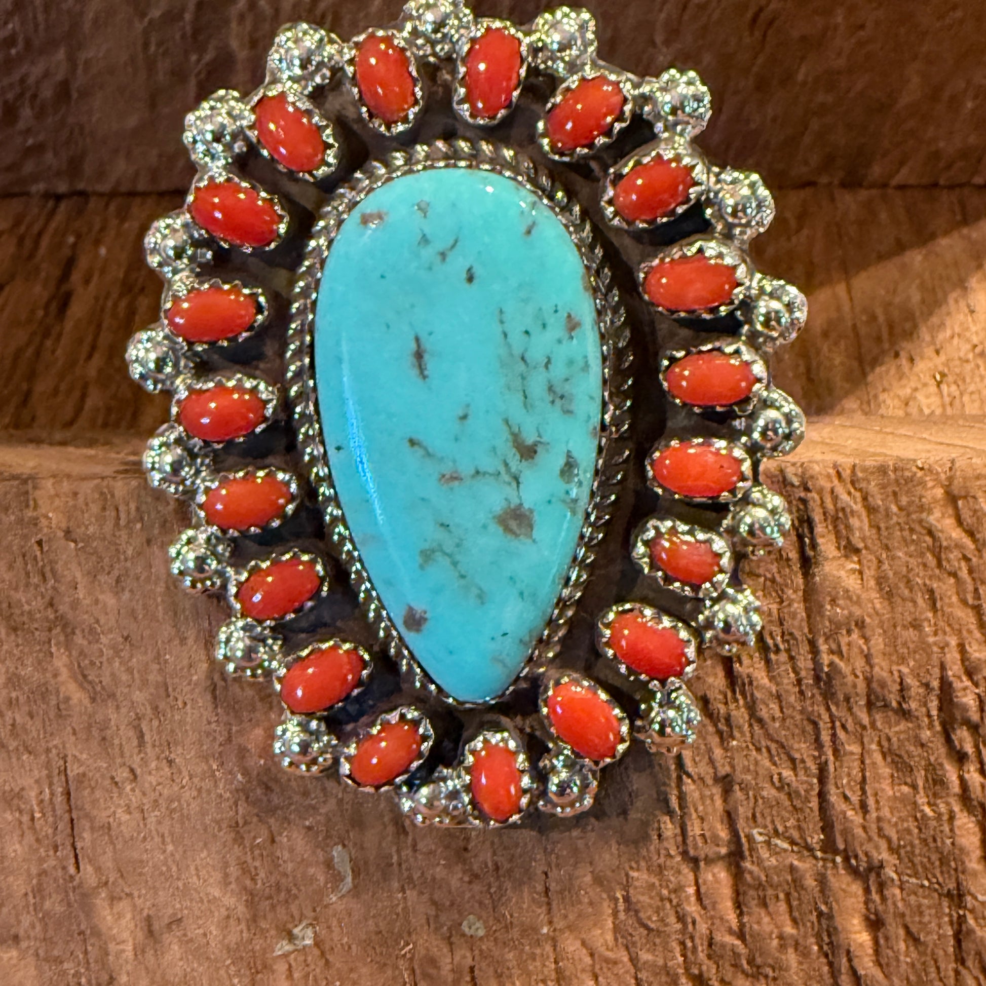 Native Handmade Darlene Begay Kingman Turquoise and Coral Adjustable Ring Sterling Silver Wild West Boho