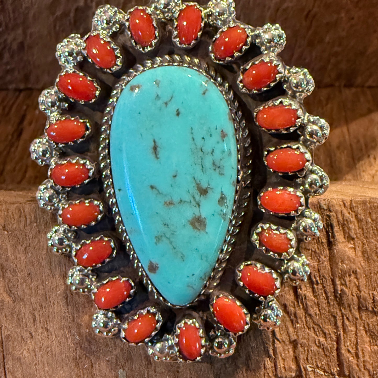 Native Handmade Darlene Begay Kingman Turquoise and Coral Adjustable Ring Sterling Silver Wild West Boho