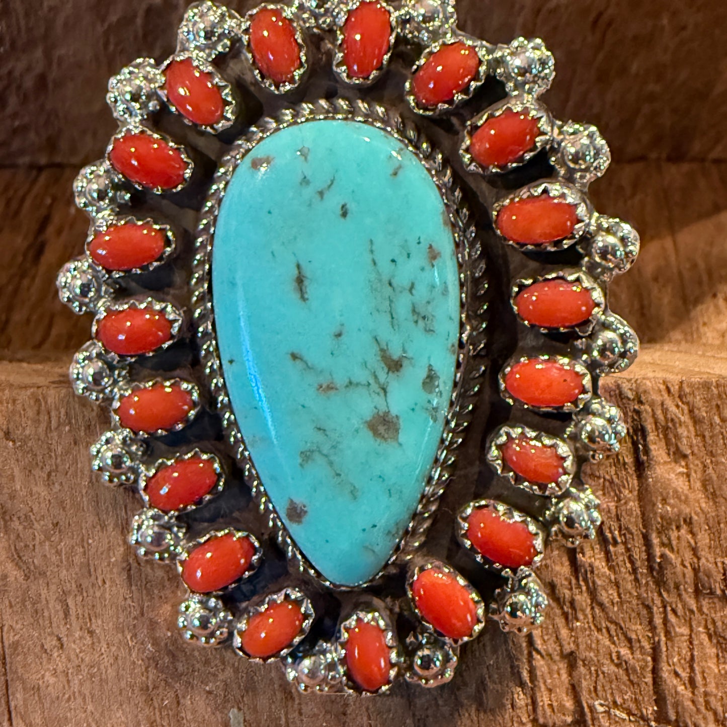 Native Handmade Darlene Begay Kingman Turquoise and Coral Adjustable Ring Sterling Silver Wild West Boho