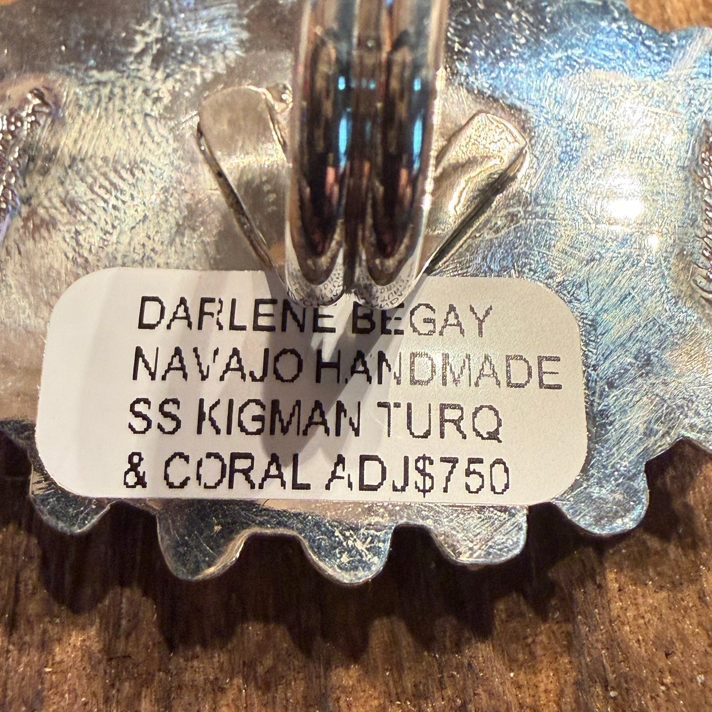 Native Handmade Darlene Begay Kingman Turquoise and Coral Adjustable Ring Sterling Silver Wild West Boho