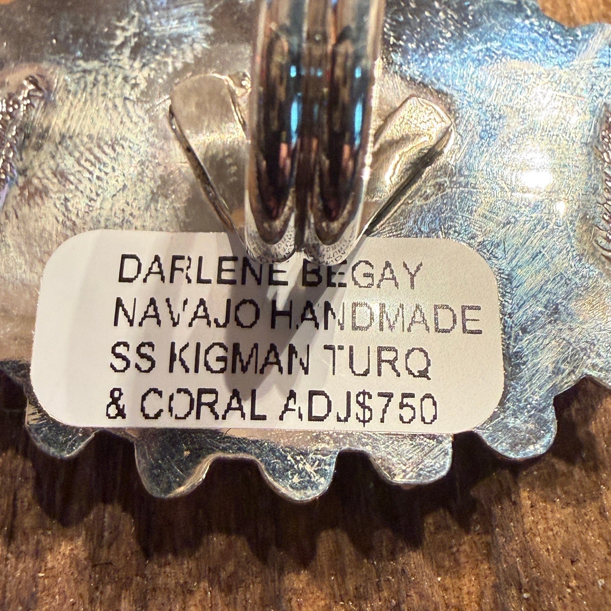 Native Handmade Darlene Begay Kingman Turquoise and Coral Adjustable Ring Sterling Silver Wild West Boho