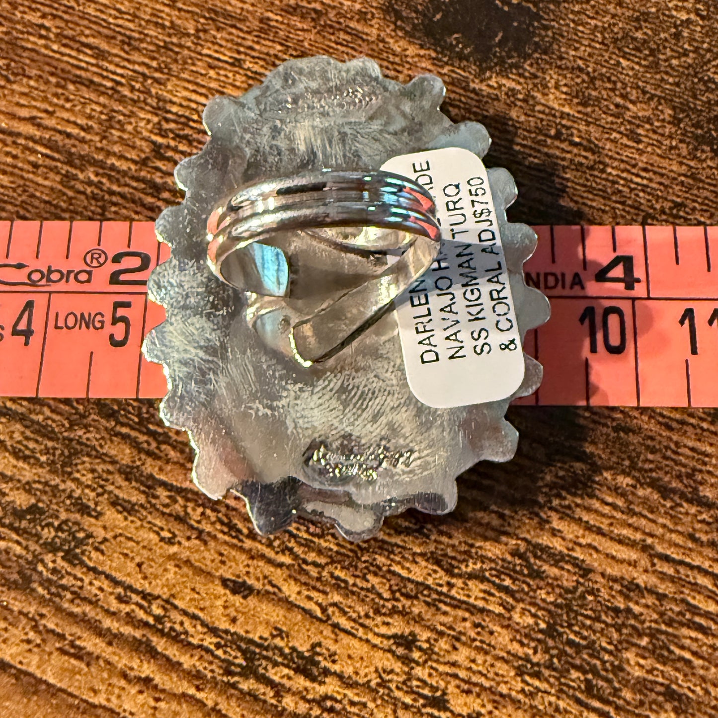 Native Handmade Darlene Begay Kingman Turquoise and Coral Adjustable Ring Sterling Silver Wild West Boho
