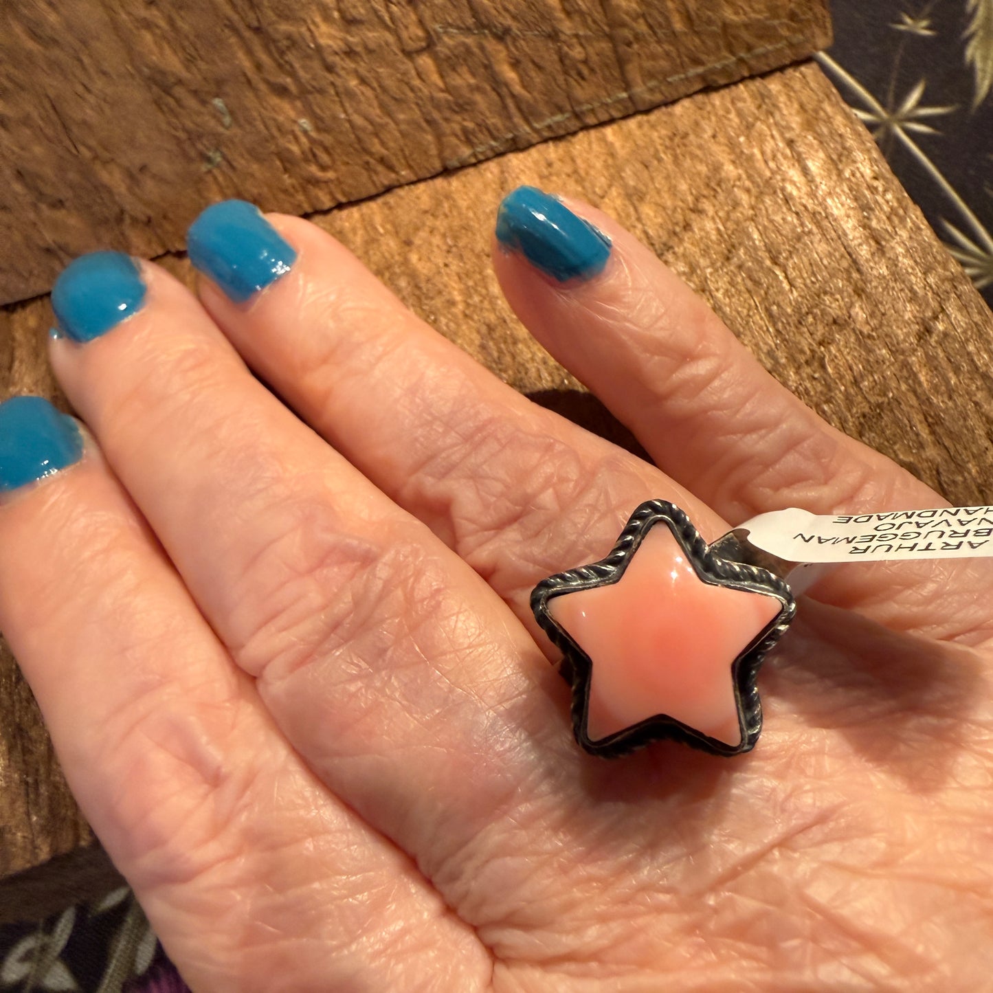 Native Handmade Arthur Bruggeman Pink Conch Star Adjustable Ring in Sterling Silver Wild West Boho