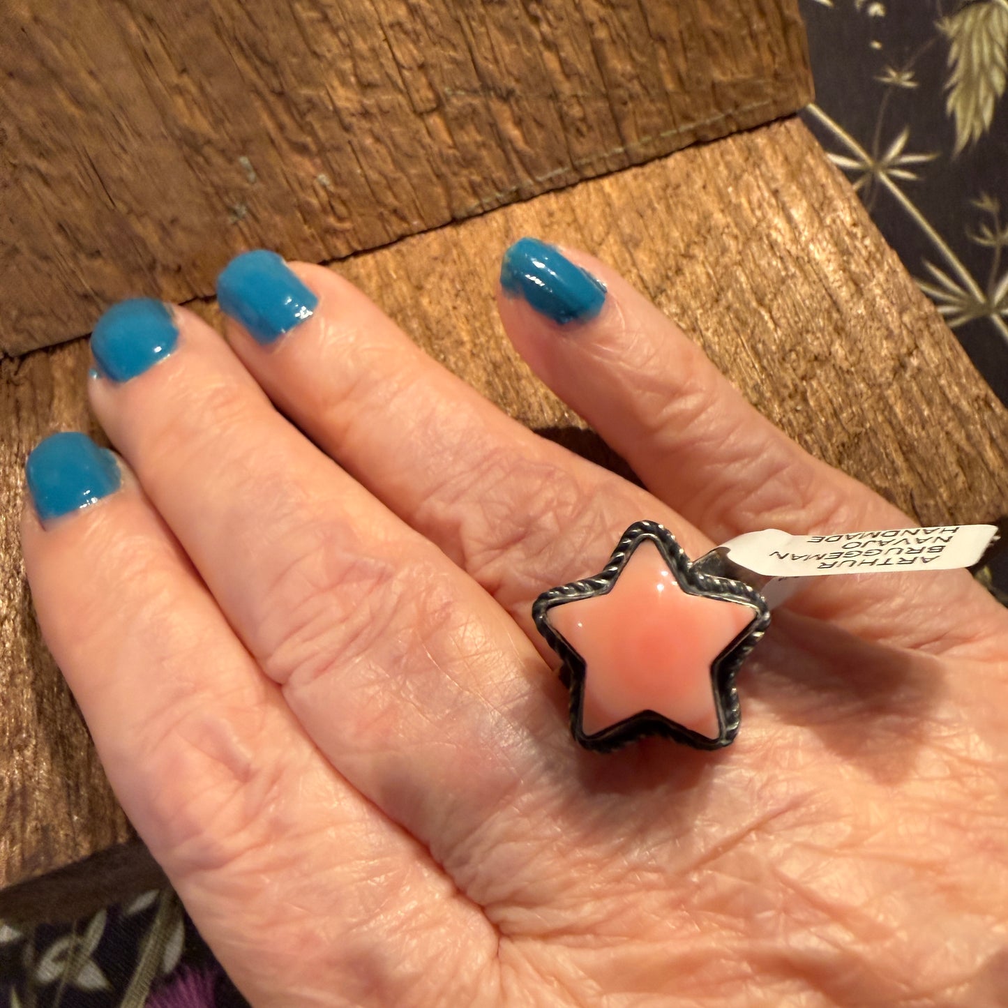 Native Handmade Arthur Bruggeman Pink Conch Star Adjustable Ring in Sterling Silver Wild West Boho