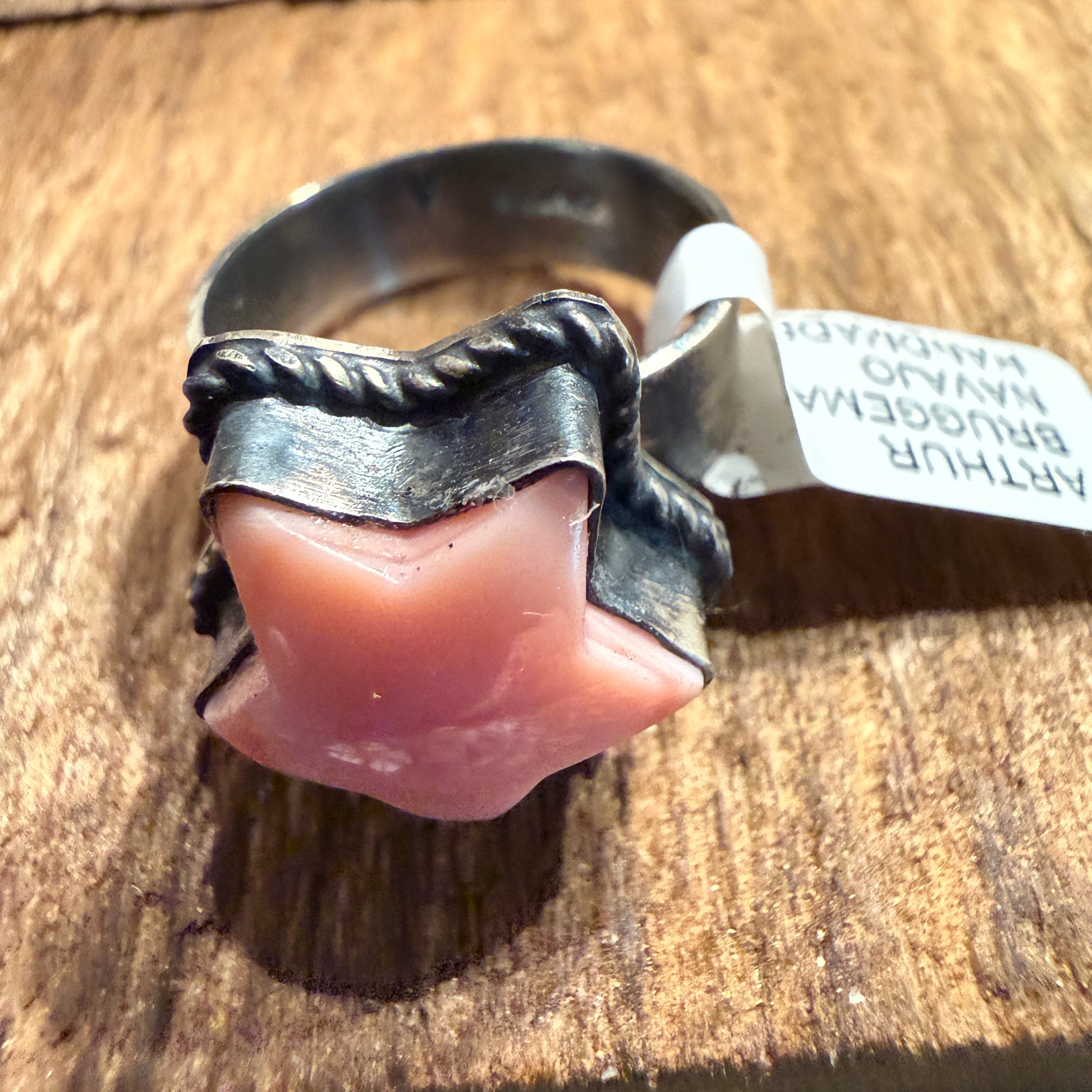 Native Handmade Arthur Bruggeman Pink Conch Star Adjustable Ring in Sterling Silver Wild West Boho