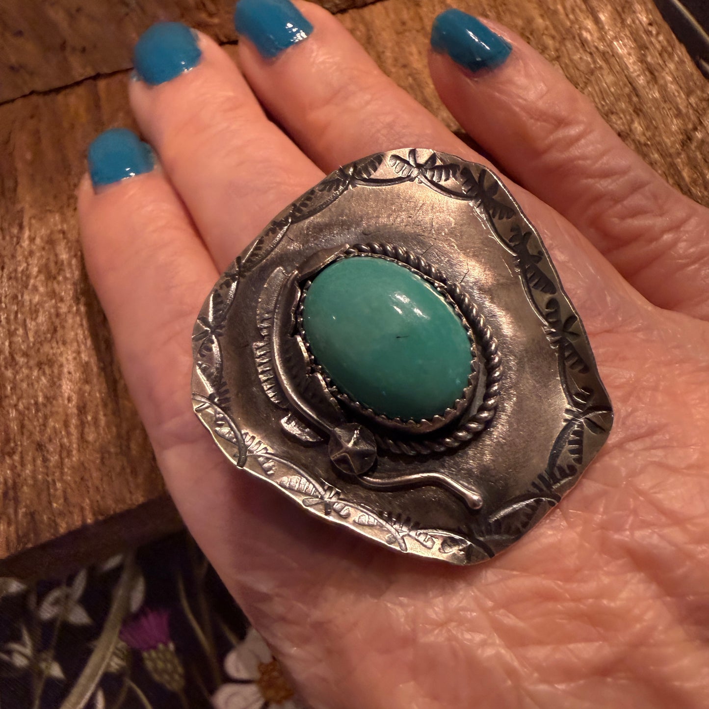 Native Handmade T Yazzi Kingman Turquoise Cowboy Hat Adjustable Ring Sterling Silver Wild West Boho