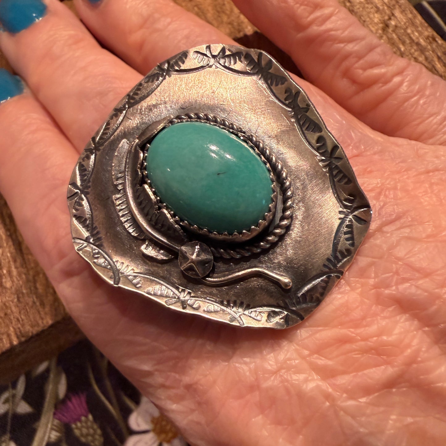 Native Handmade T Yazzi Kingman Turquoise Cowboy Hat Adjustable Ring Sterling Silver Wild West Boho