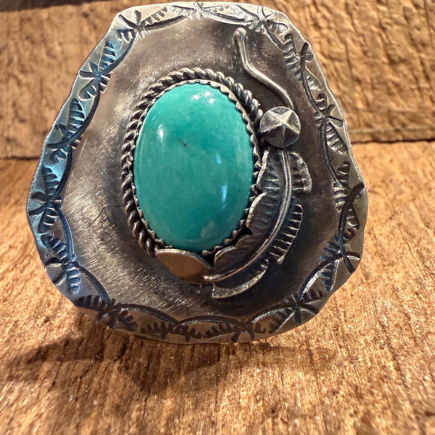 Native Handmade T Yazzi Kingman Turquoise Cowboy Hat Adjustable Ring Sterling Silver Wild West Boho
