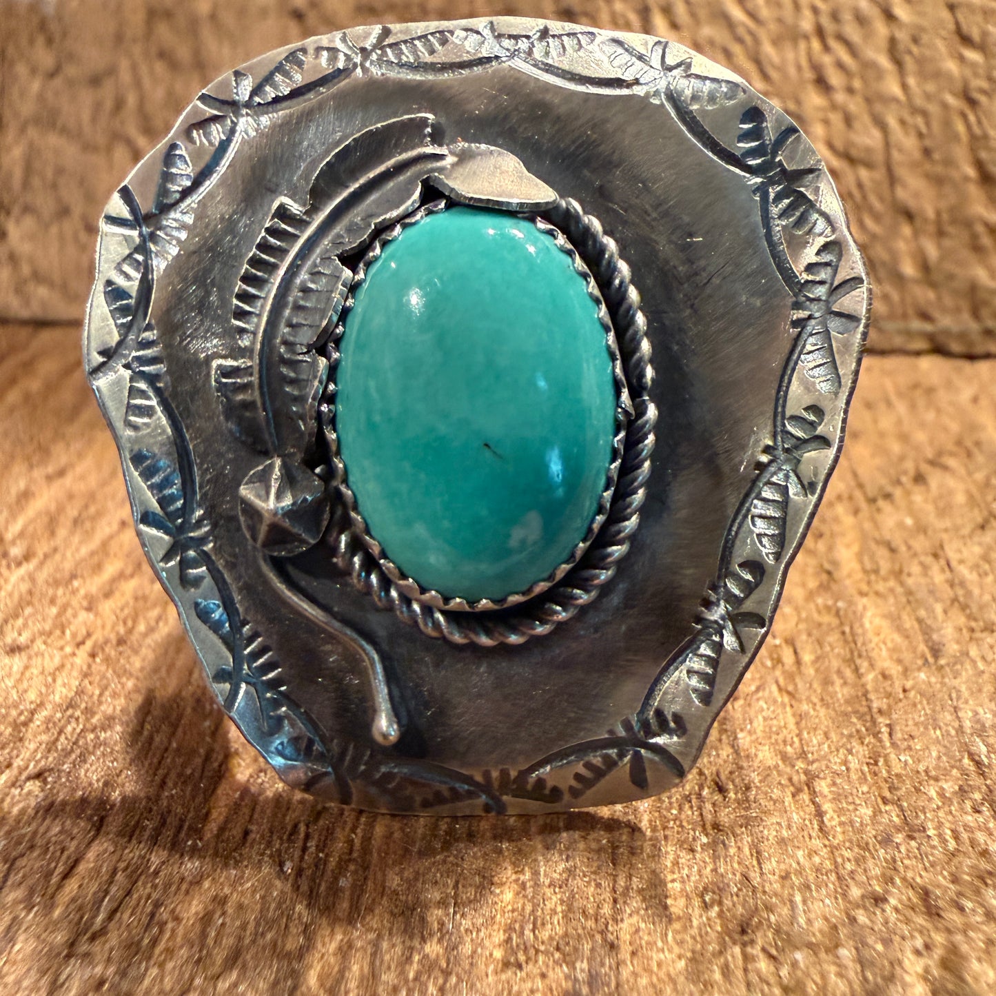 Native Handmade T Yazzi Kingman Turquoise Cowboy Hat Adjustable Ring Sterling Silver Wild West Boho