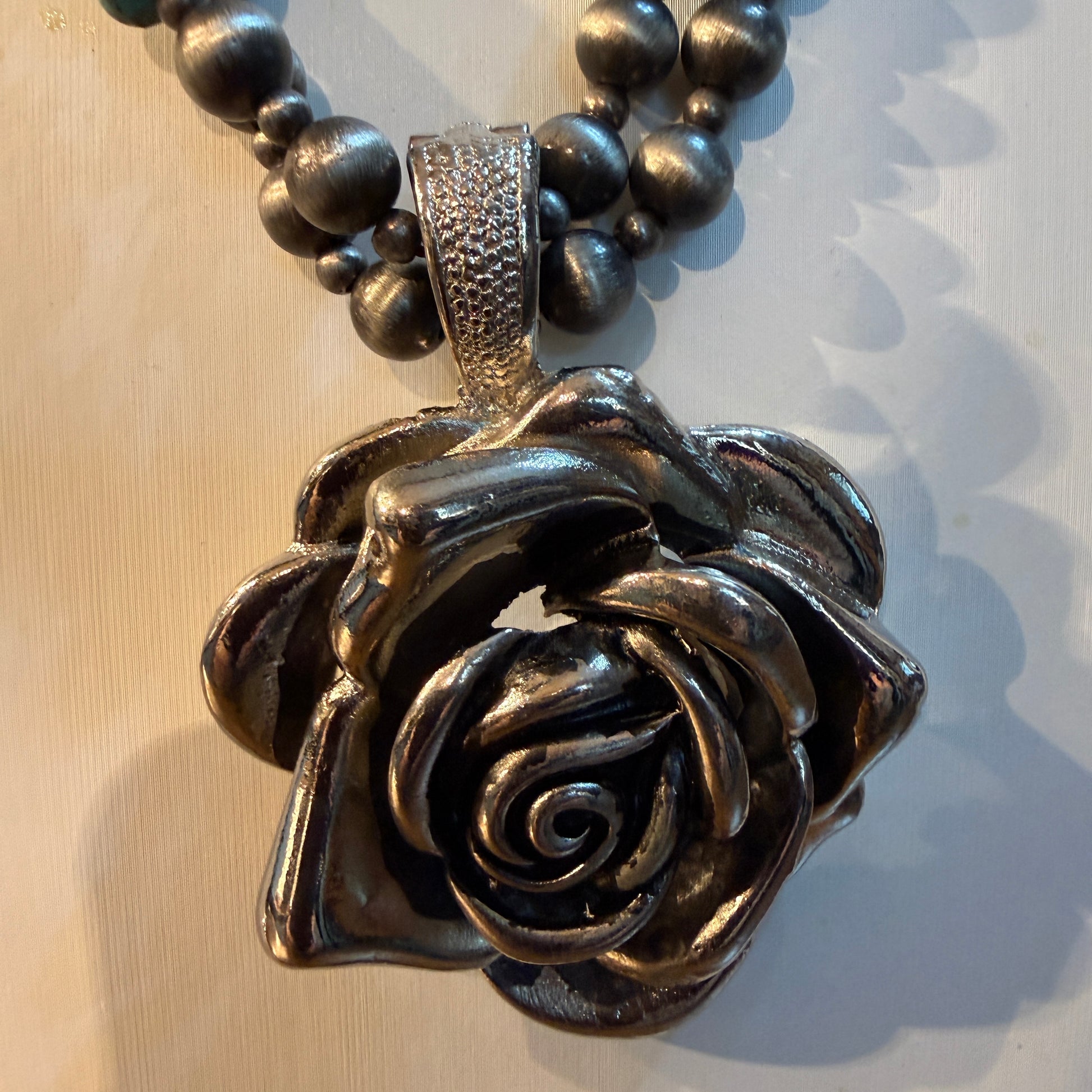 21 Inch Double Silver Desert Pearl Blue Turquoise Stone Necklace With Rose Wild West Boho