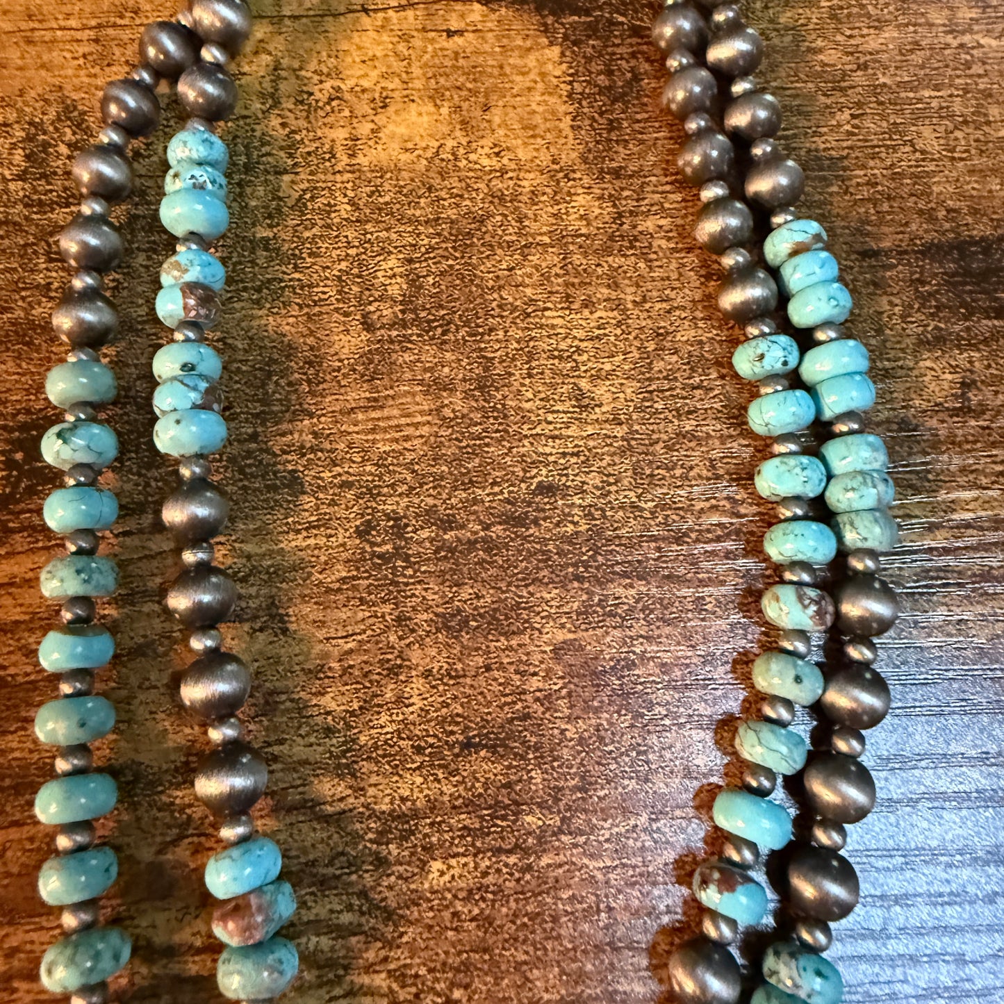 21 Inch Double Silver Desert Pearl Blue Turquoise Stone Necklace With Rose Wild West Boho