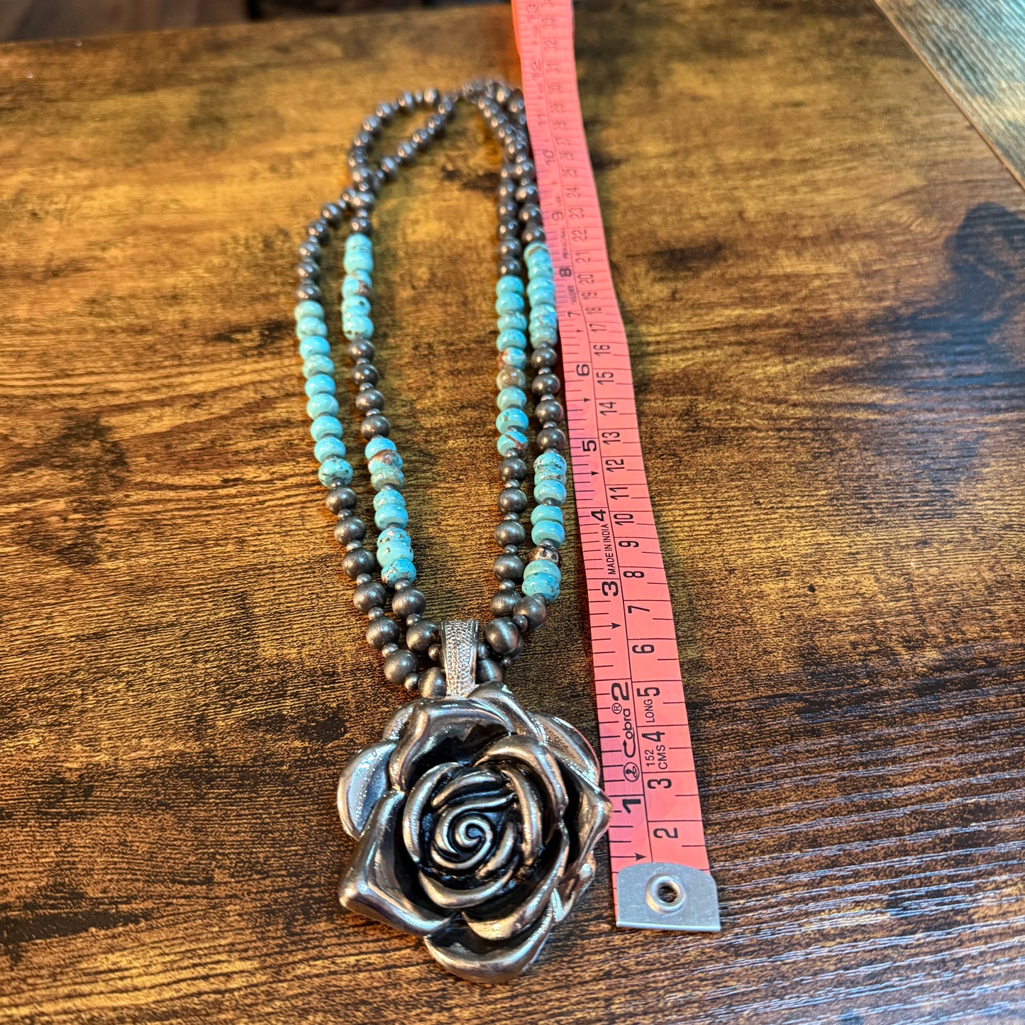 21 Inch Double Silver Desert Pearl Blue Turquoise Stone Necklace With Rose Wild West Boho
