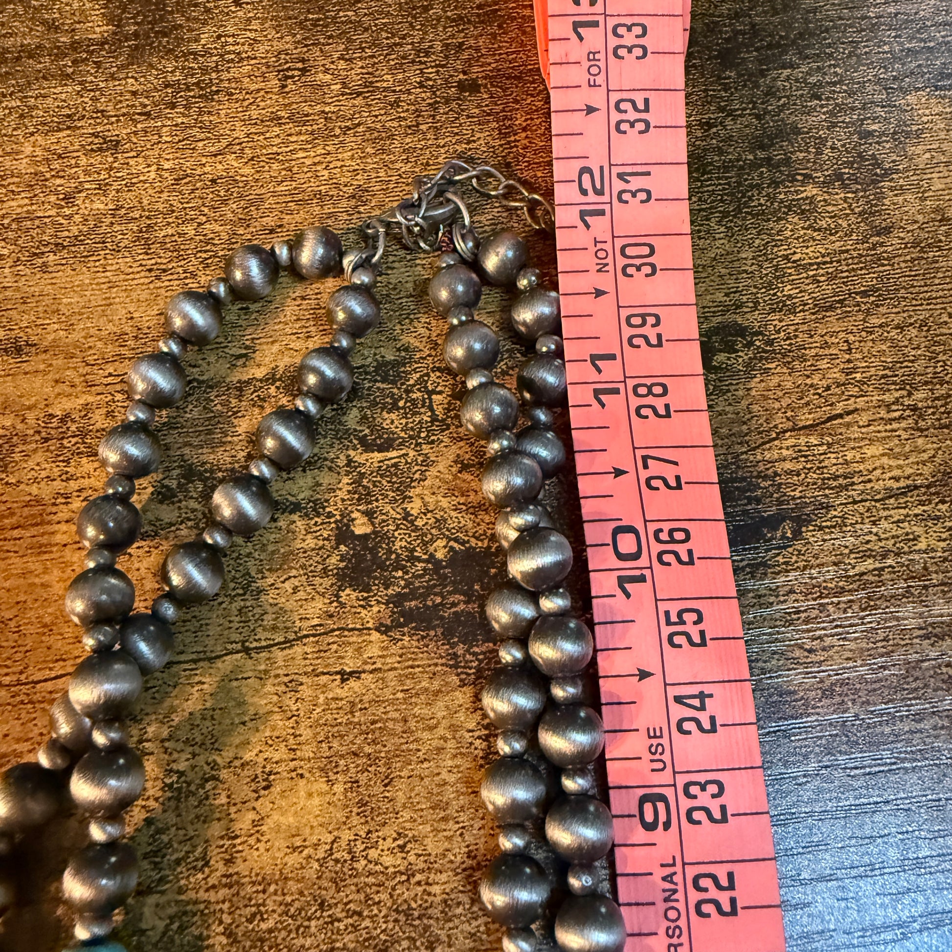 21 Inch Double Silver Desert Pearl Blue Turquoise Stone Necklace With Rose Wild West Boho