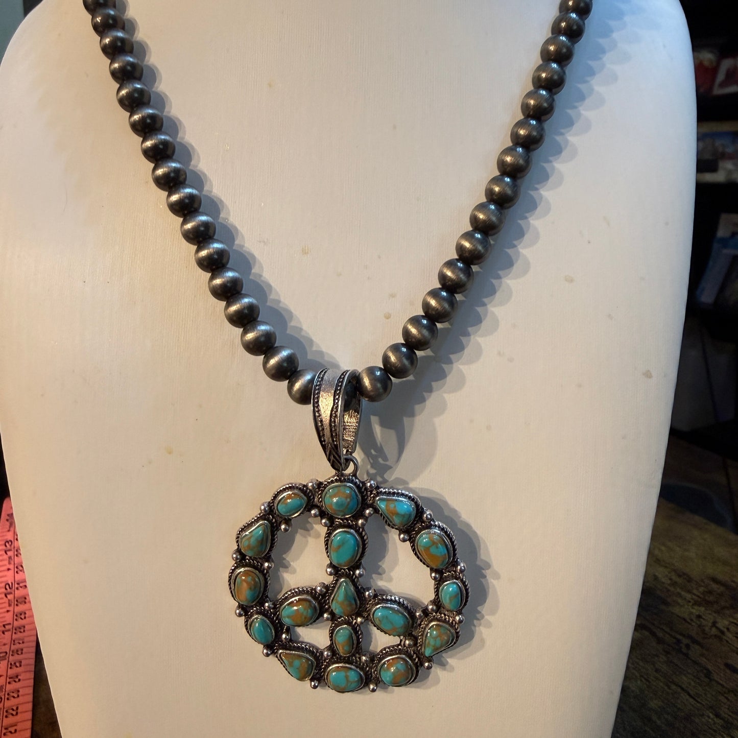 Hippie Blue Turquoise Peace Sign Necklace With Silver Desert Pearl Beads 23 Inch Western Elite Jewelry