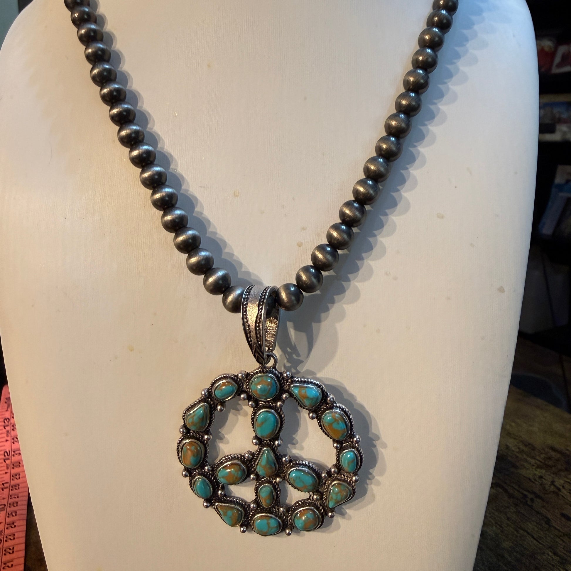Hippie Blue Turquoise Peace Sign Necklace With Silver Desert Pearl Beads 23 Inch Western Elite Jewelry