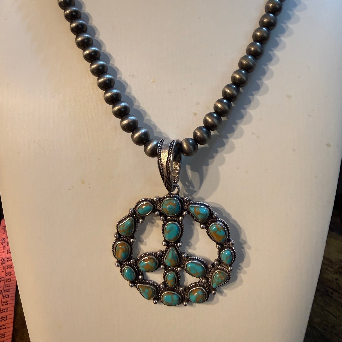 Hippie Blue Turquoise Peace Sign Necklace With Silver Desert Pearl Beads 23 Inch Western Elite Jewelry