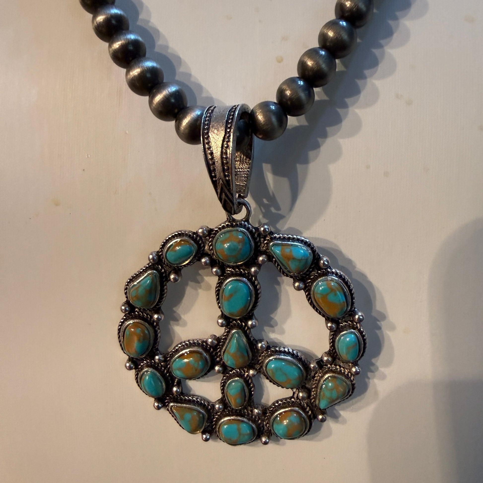 Hippie Blue Turquoise Peace Sign Necklace With Silver Desert Pearl Beads 23 Inch Western Elite Jewelry