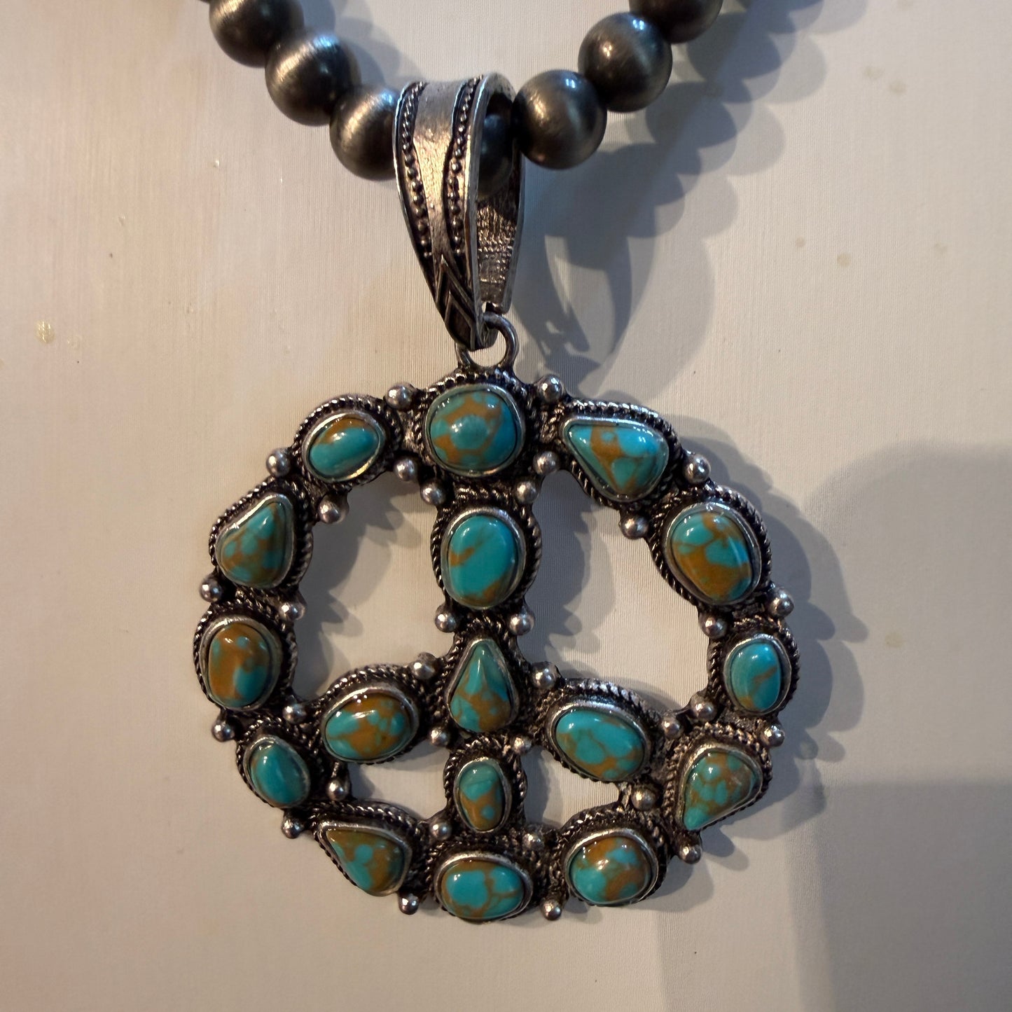 Hippie Blue Turquoise Peace Sign Necklace With Silver Desert Pearl Beads 23 Inch Western Elite Jewelry