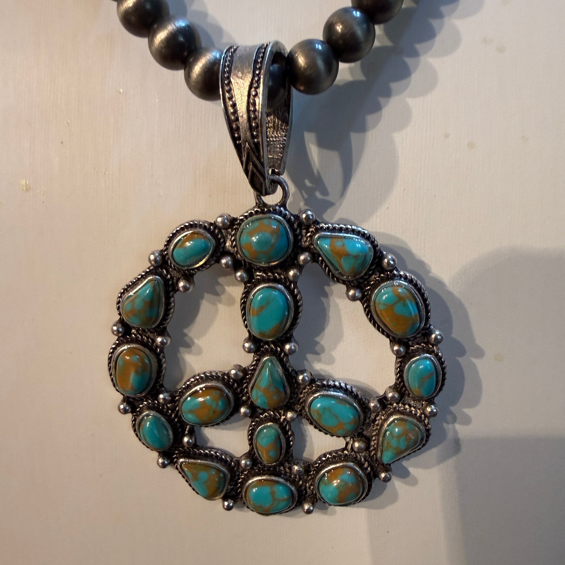 Hippie Blue Turquoise Peace Sign Necklace With Silver Desert Pearl Beads 23 Inch Western Elite Jewelry