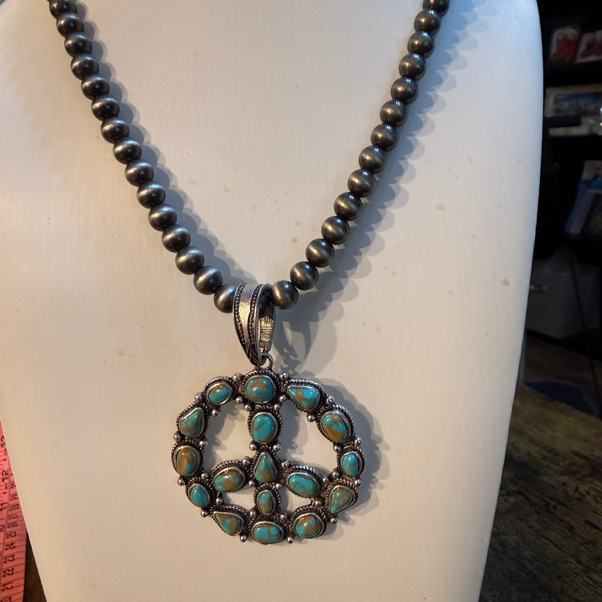 Hippie Blue Turquoise Peace Sign Necklace With Silver Desert Pearl Beads 23 Inch Western Elite Jewelry