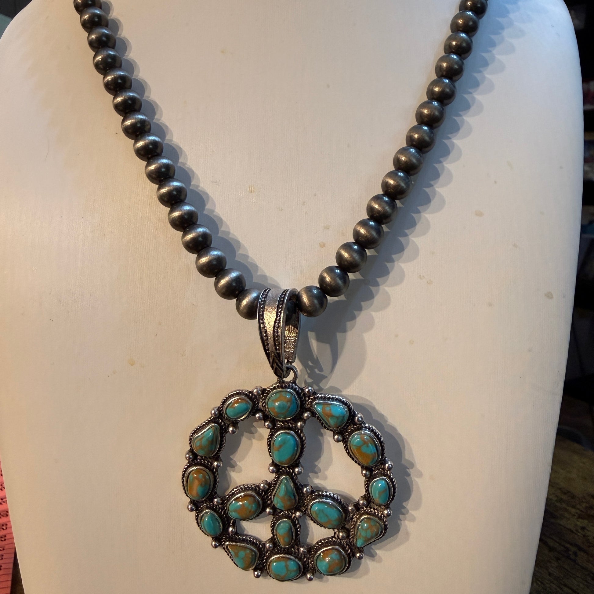 Hippie Blue Turquoise Peace Sign Necklace With Silver Desert Pearl Beads 23 Inch Western Elite Jewelry