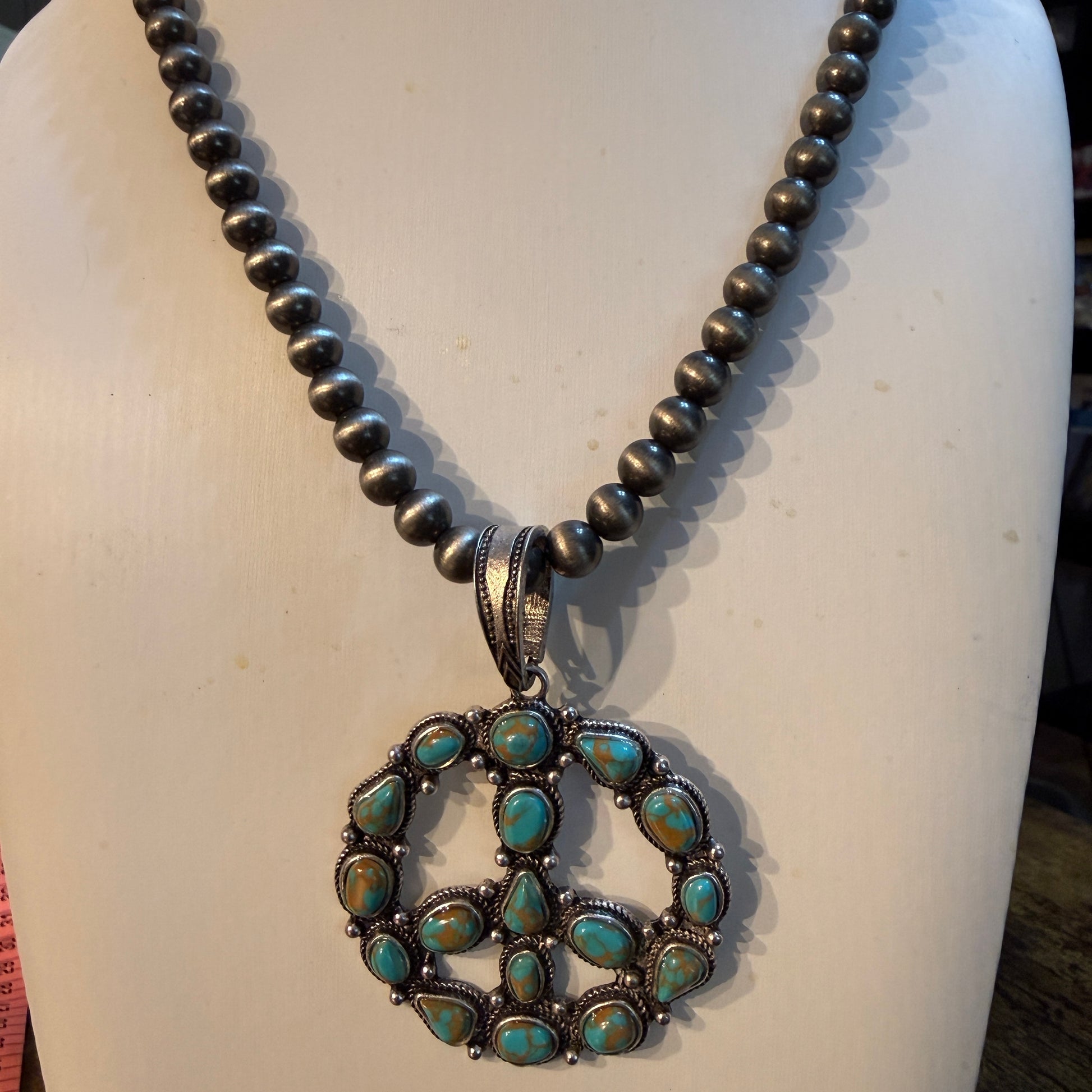 Hippie Blue Turquoise Peace Sign Necklace With Silver Desert Pearl Beads 23 Inch Western Elite Jewelry