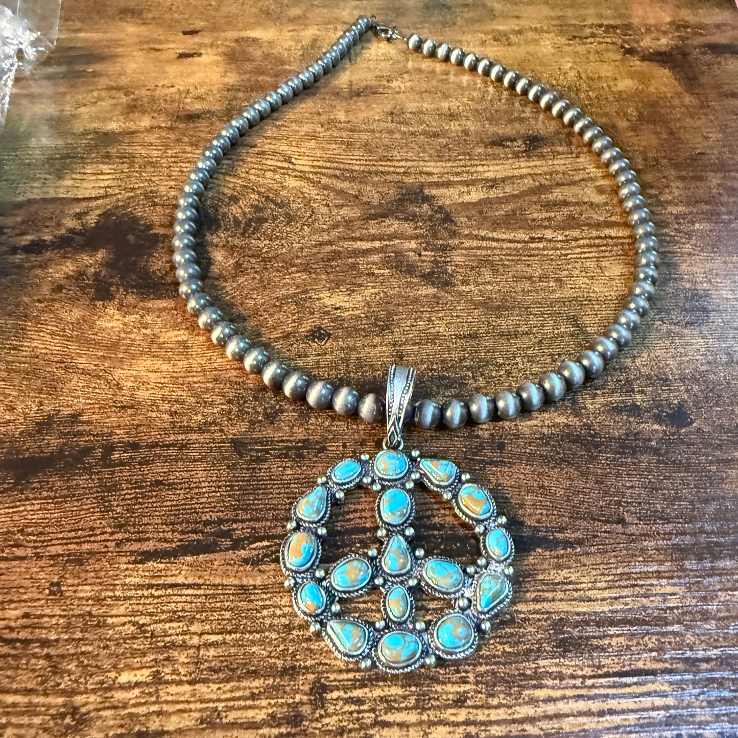 Hippie Blue Turquoise Peace Sign Necklace With Silver Desert Pearl Beads 23 Inch Western Elite Jewelry